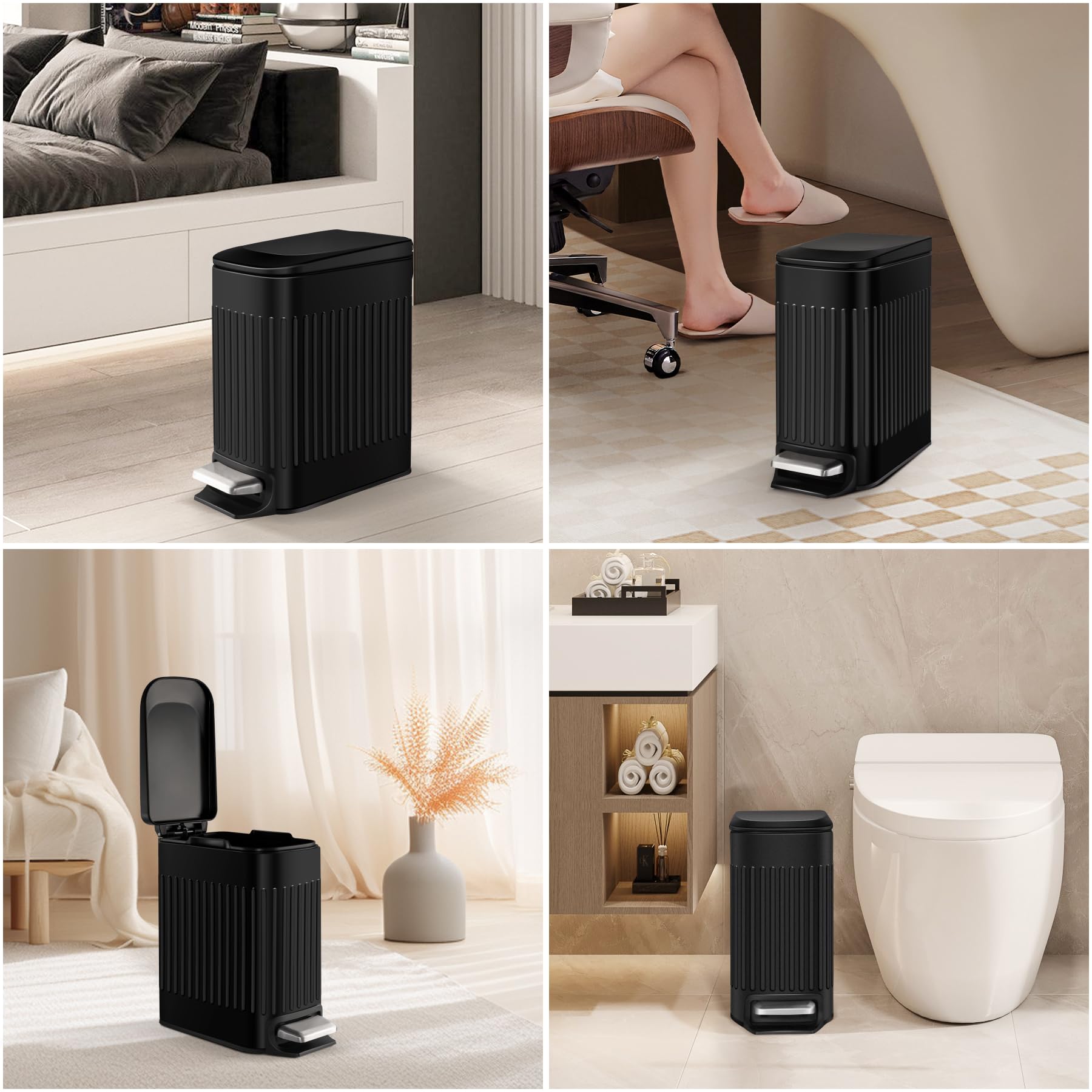 Cesun Small Black Bathroom Trash Can, 1.6 Gallon Small Stainless Steel Garbage Can With Lid And Foot Pedal, Slim Waste Basket Fo