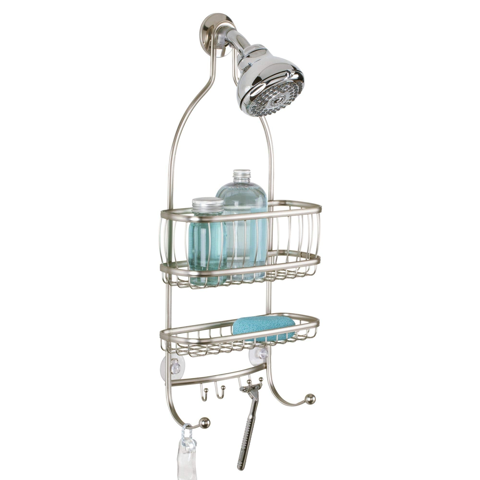 iDesign York Metal Wire Hanging Shower Caddy  Extra Wide Space for Shampoo  Conditioner  and Soap with Hooks for Razors  Towels  and More  10'' x 4'' x 22''  Satin Silver