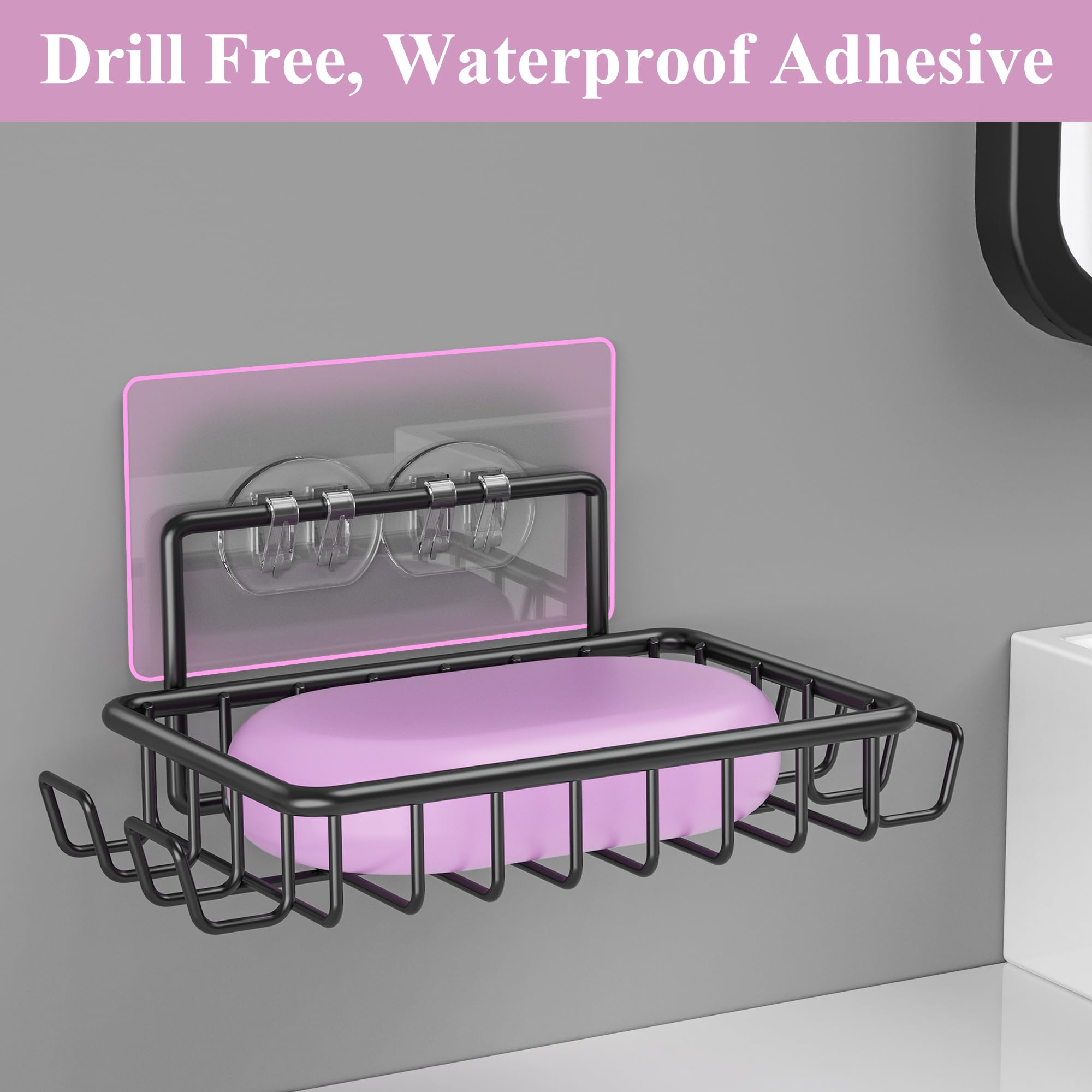 Ailibuligo Adhesive Soap Bar Holder Dish For Shower Wall With Hooks, Black, 4 Pack