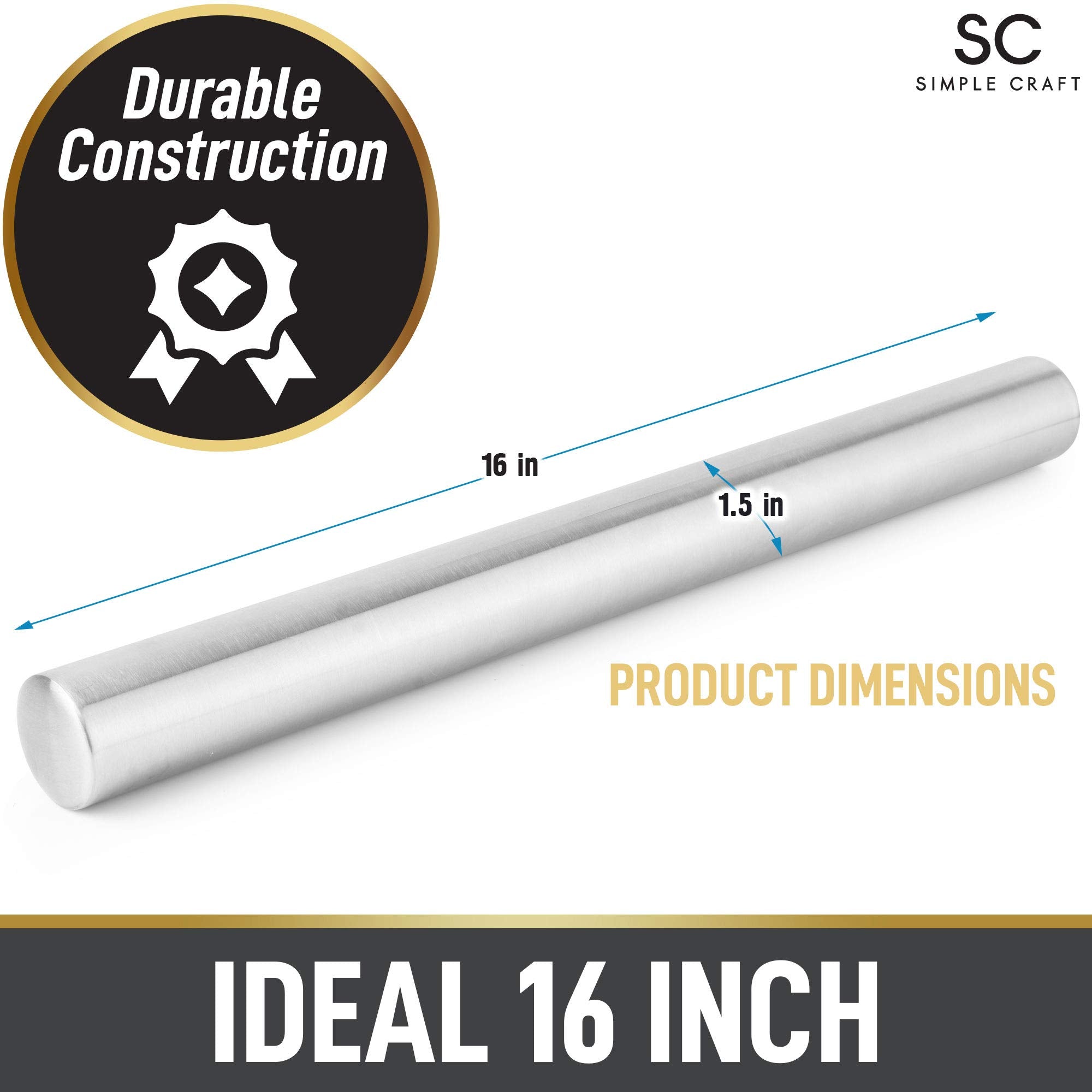 Simple Craft Premium 16    Rolling Pin - Smooth Tapered Professional French Rolling Pin - Stainless Steel Rolling Pin For Making