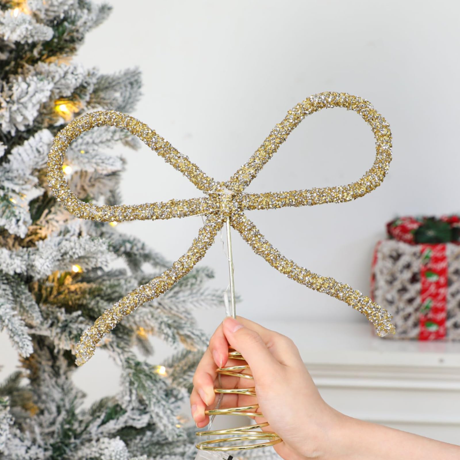 Retisee 9.8 Christmas Bow Tree Topper Gold Rhinestone Bow LED Tree Topper Christmas Decorations Decor for Xmas Holiday Wedding B