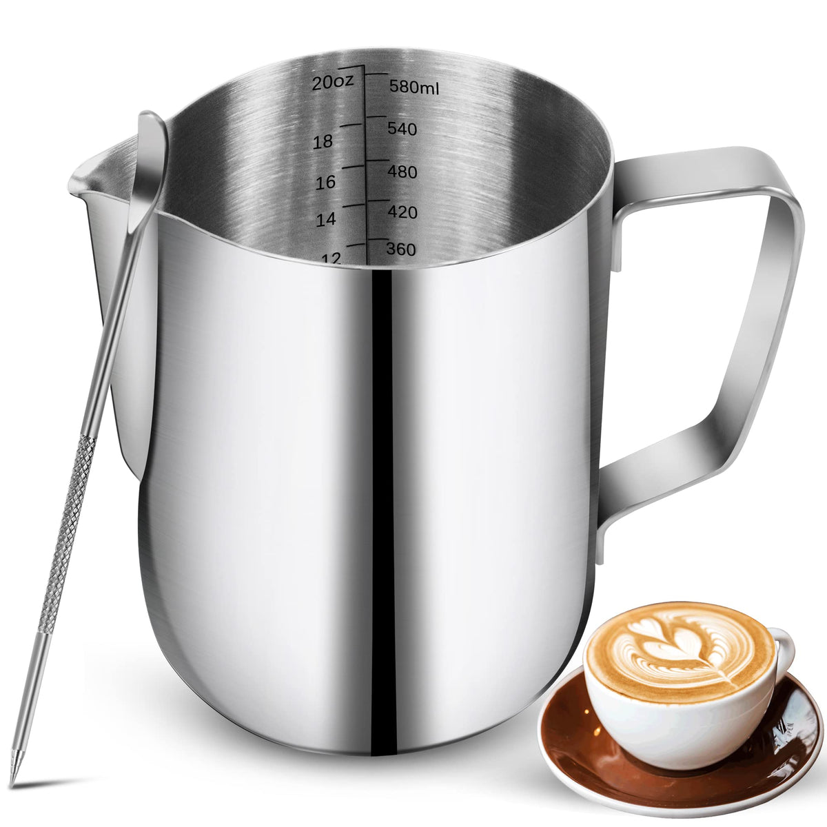 Milk Frothing Pitchers 20 Oz, Stainless Steel Espresso Steaming Pitcher With Decorating Pen Coffee Milk Frother Cup With Scale C