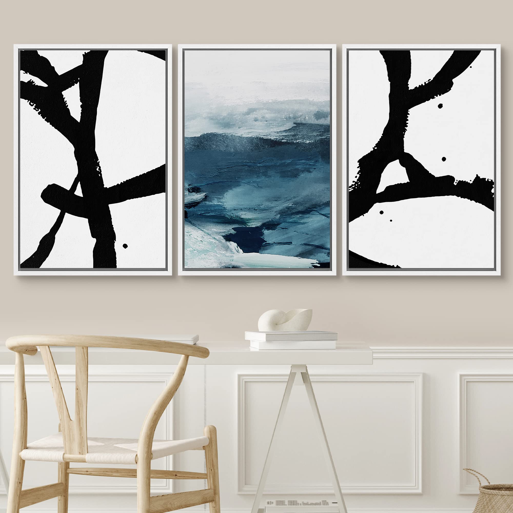 Signwin Framed Canvas Print Wall Art Abstract Paint Strokes With Blue Mountain Landscape Abstract Nature Mixed Media Modern Art