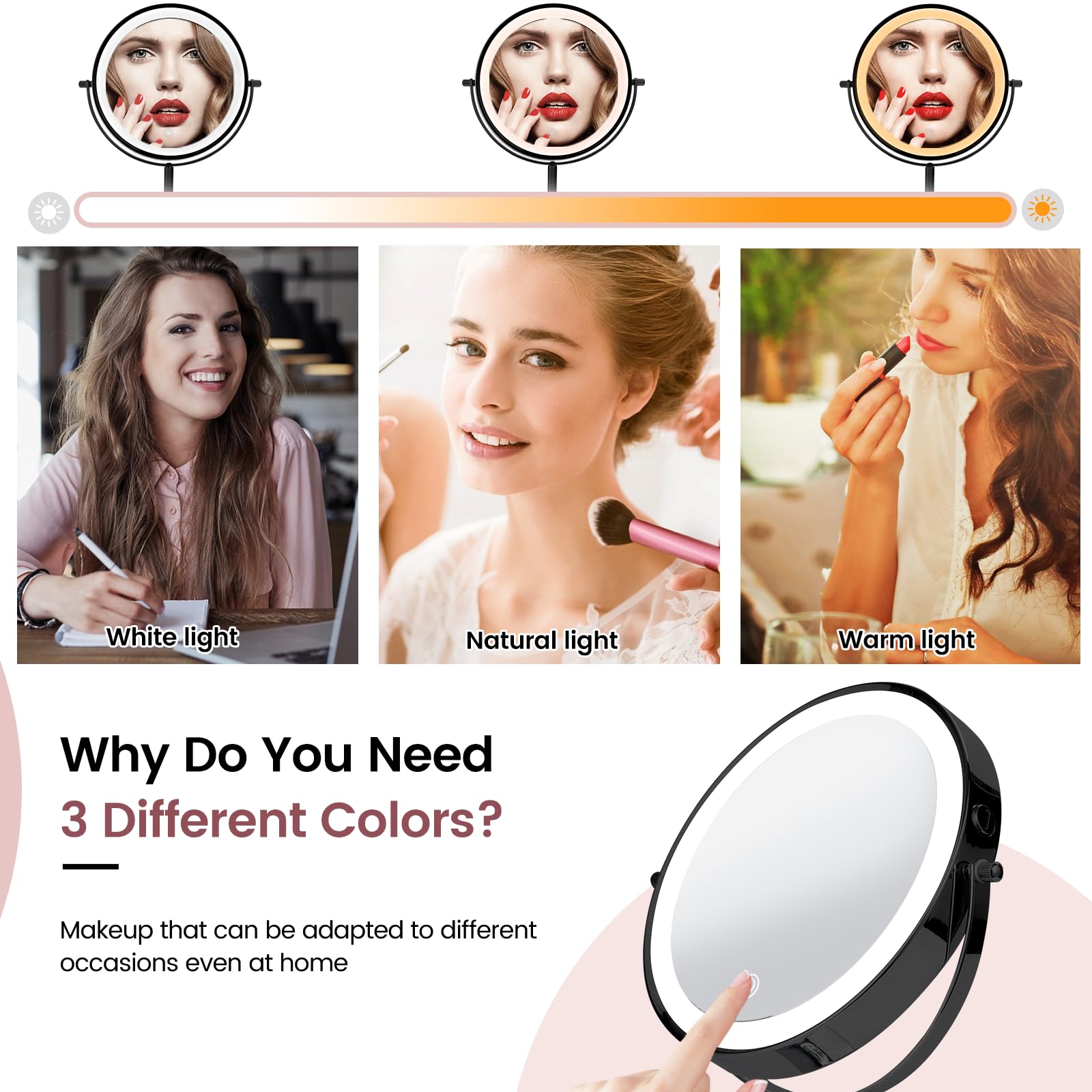 Aumvum 8'' Vanity Mirror With Lights Rechargeable, 1X/10X Magnifying Mirror With Light Double Sided Touch Screen 3 Colors 54 Led