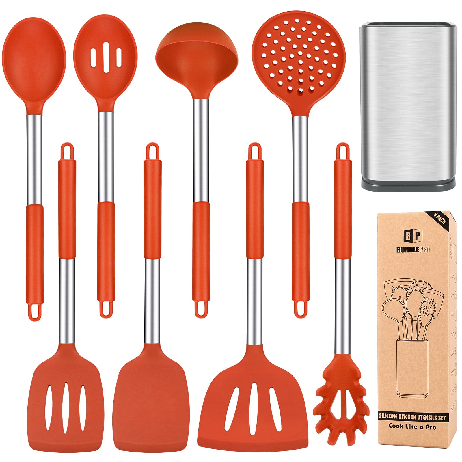 Silicone Kitchen Utensils Set, 8Pcs Cooking Utensils with Holder, Red
