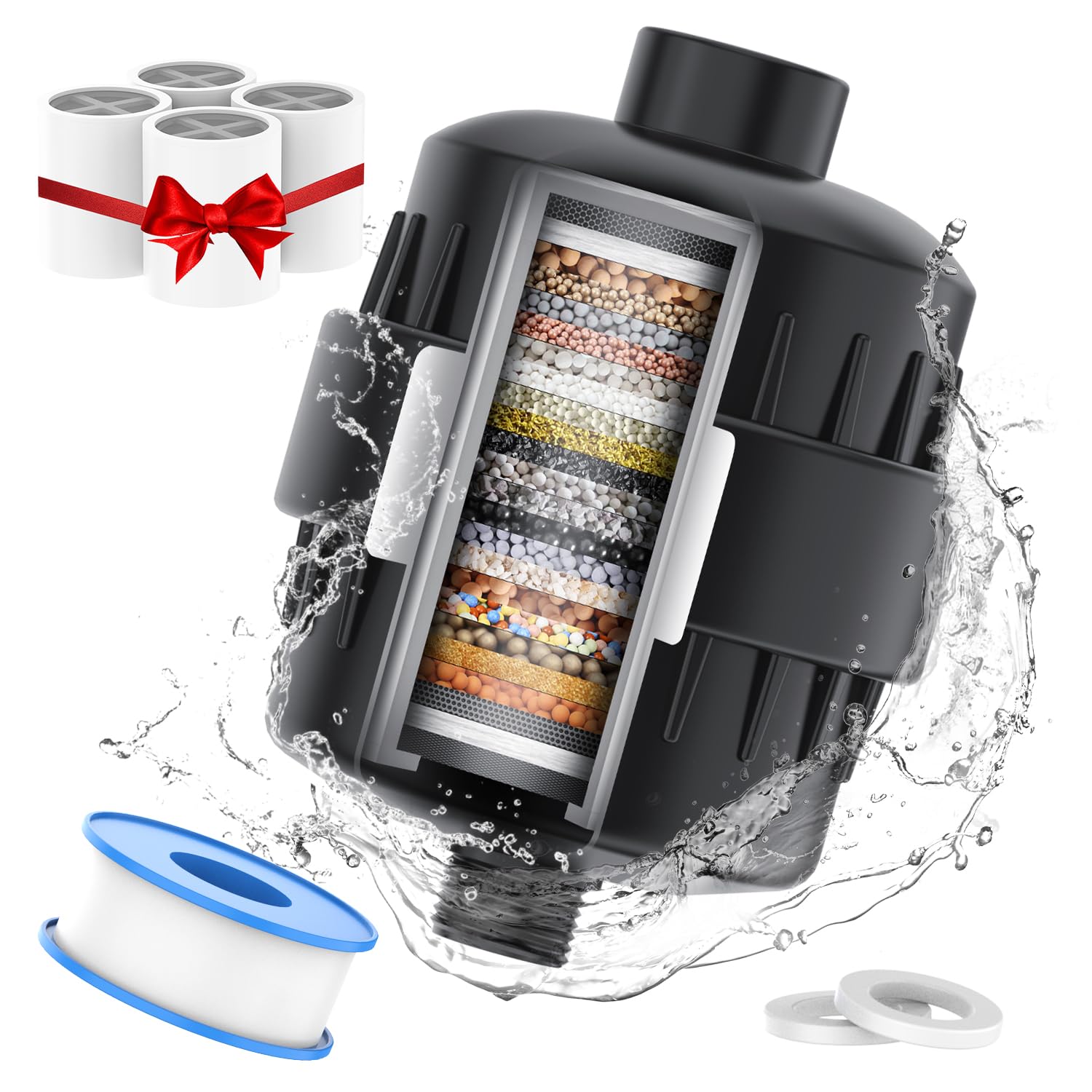 Black Showerhead Filter For Hard Water - 24 Stage Shower Filter Shower Water Filter With 4 Replaceable Filter Cartridges Protect