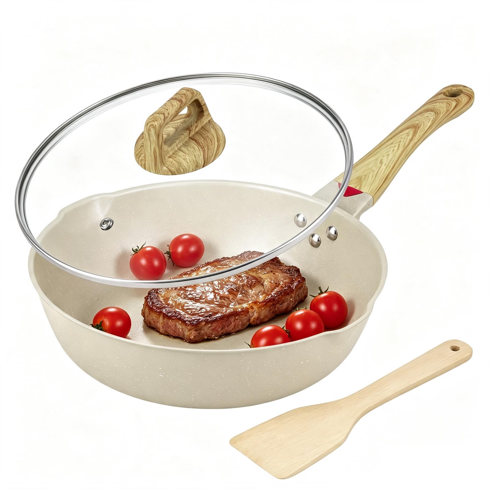 Roriori 11 Inch Ceramic Non Stick Frying Pan with Lid and Spatula, 6 Inch Deep Nonstick Ceramic Skillet with Wooden Handle, Indu