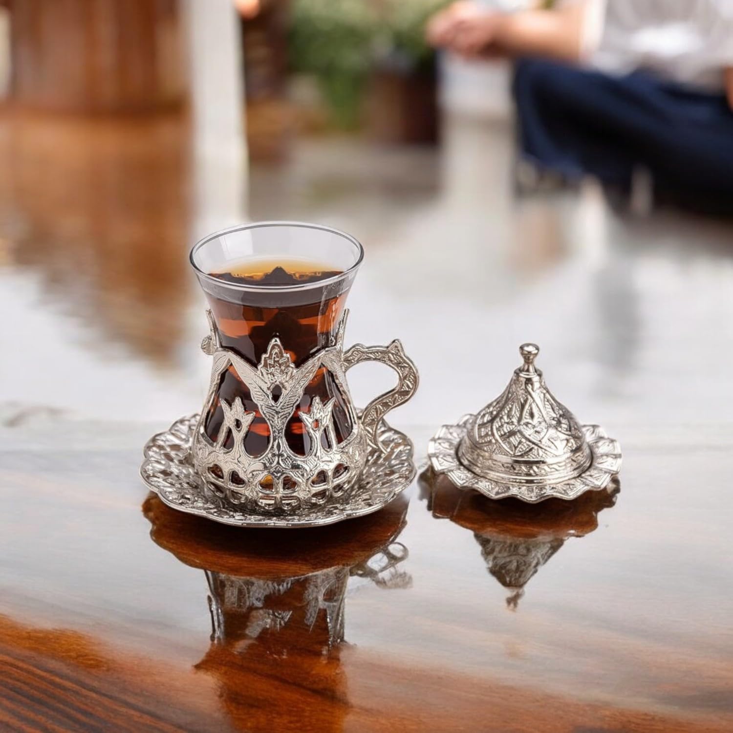 Alisveristime (Set Of 6 Handmade Turkish Tea Water Zamzam Serving Set Glasses Saucer (Silver)