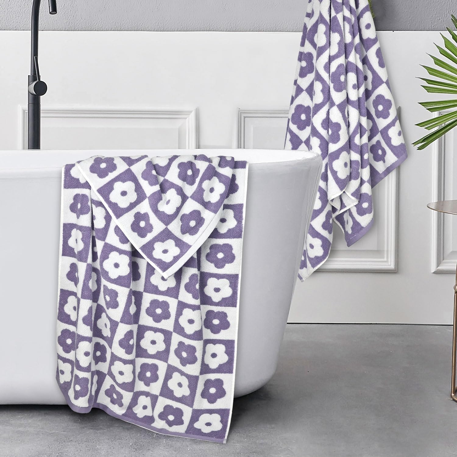 Jacquotha Cotton Bath Towels Pack Of 2 With Lilac Checkered Floral Charm - Luxury Lightwieght Quick Dry Towels For Bathroom Show