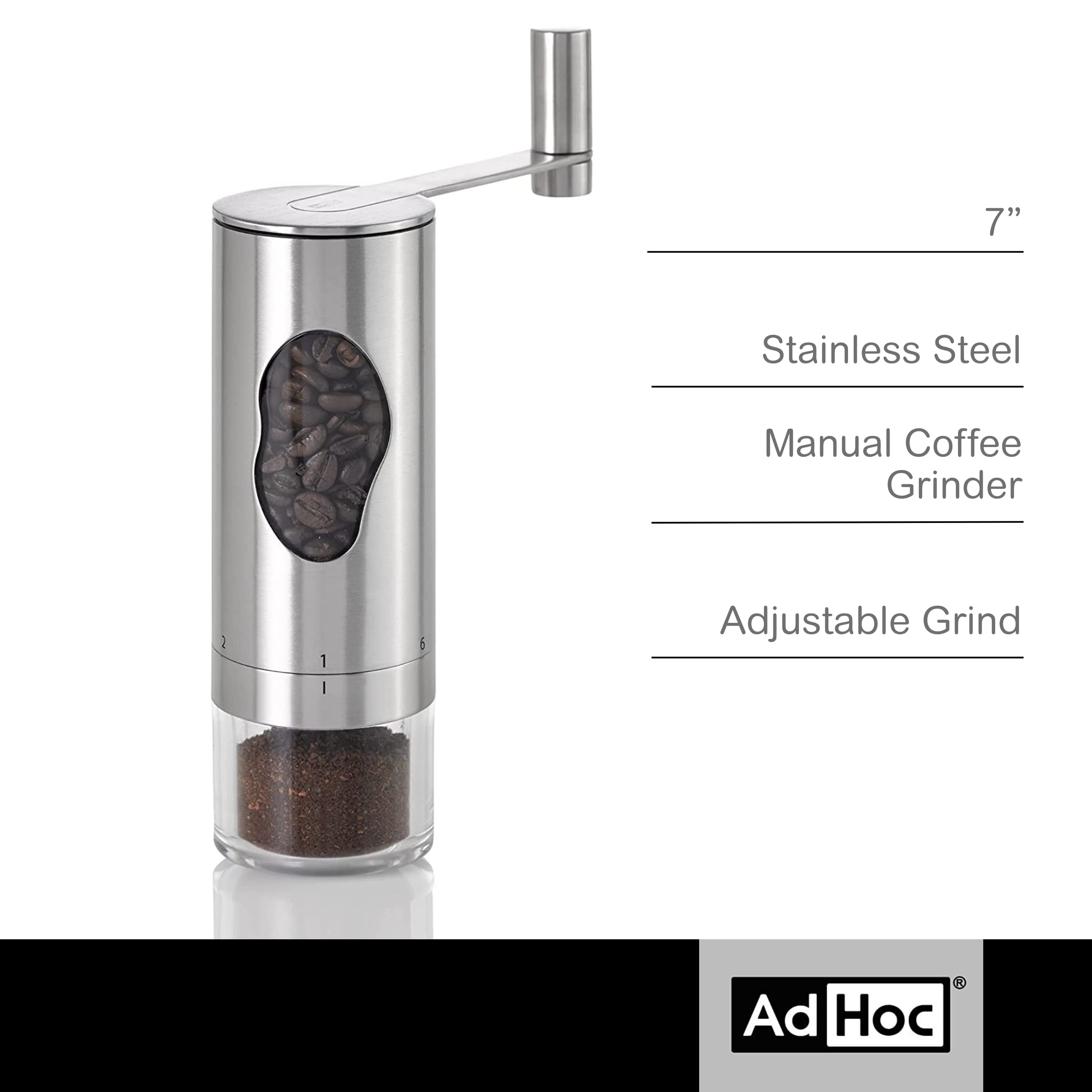 Adhoc Mrs. Bean Stainless Steel Coffee Grinder With Adjustable Coarseness Settings - Manual & Portable Coffee Bean Grinder - Sta