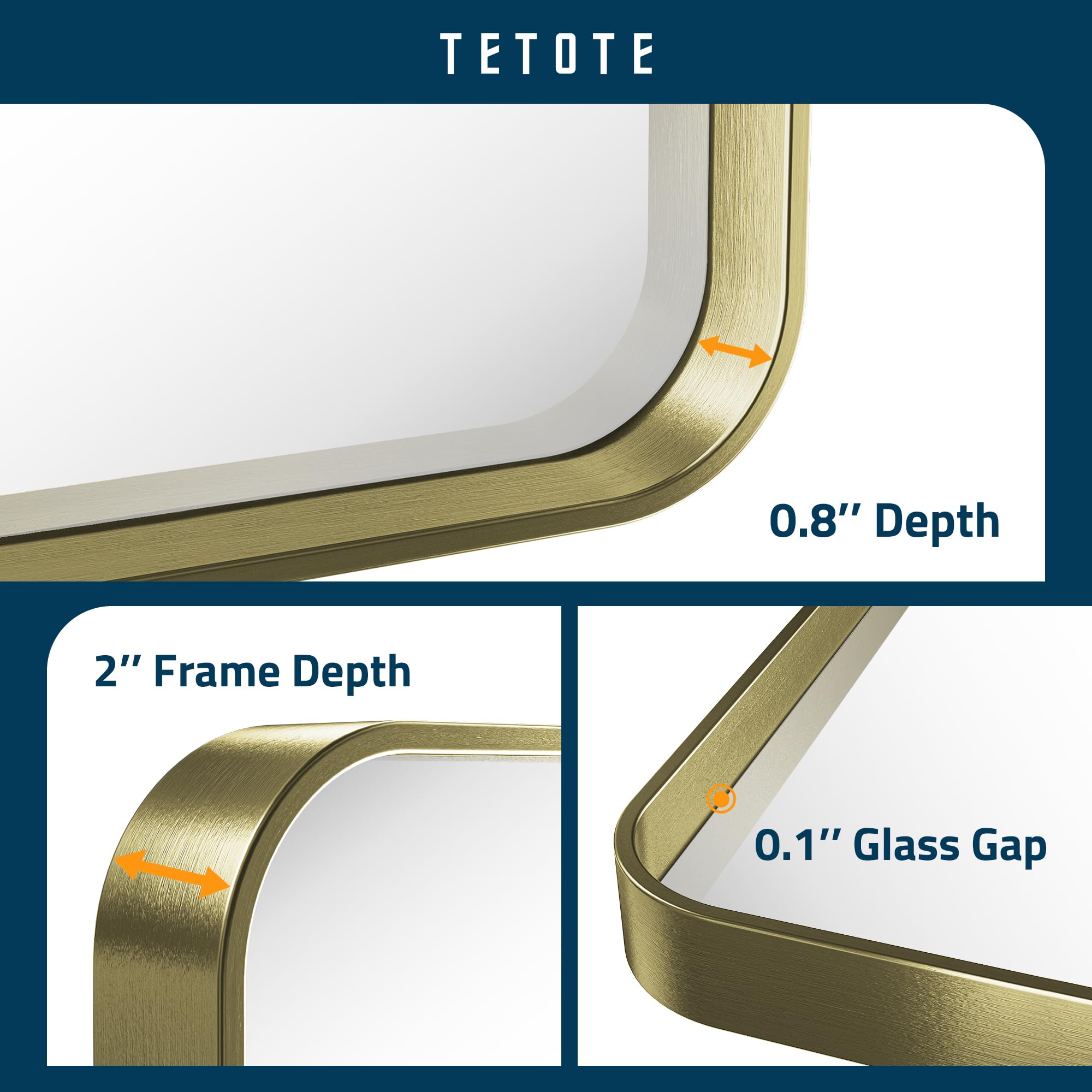 Tetote 48 X 24 Inch Brushed Gold Frame Mirror, Brass Bathroom Vanity Mirror For Wall, Modern Rectangle Round Corner Matte Framed