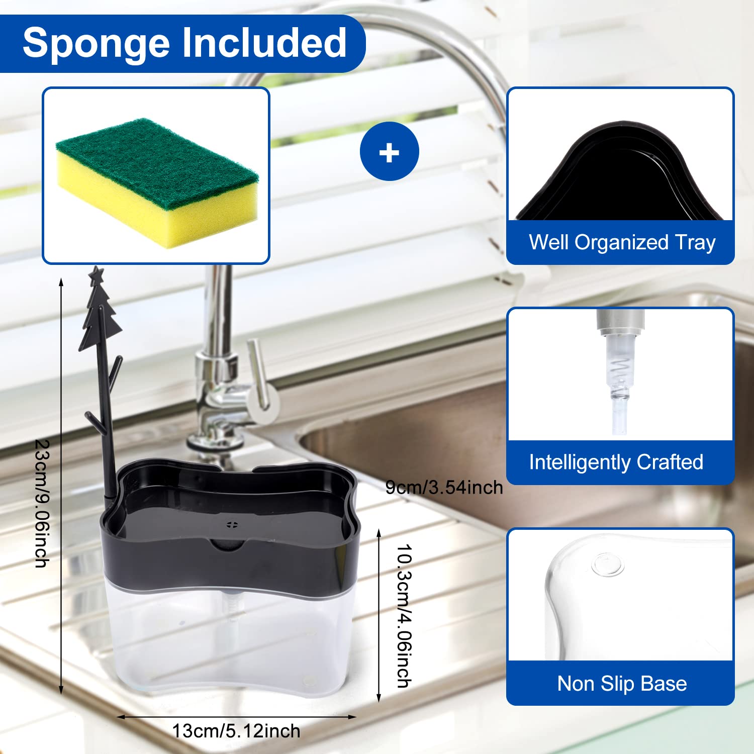 Premium Quality Dish Soap Dispenser - Countertop Kitchen Soap Dispenser  Sink Dish Washing Soap Dispenser 13 Ounces (Sponge Included)