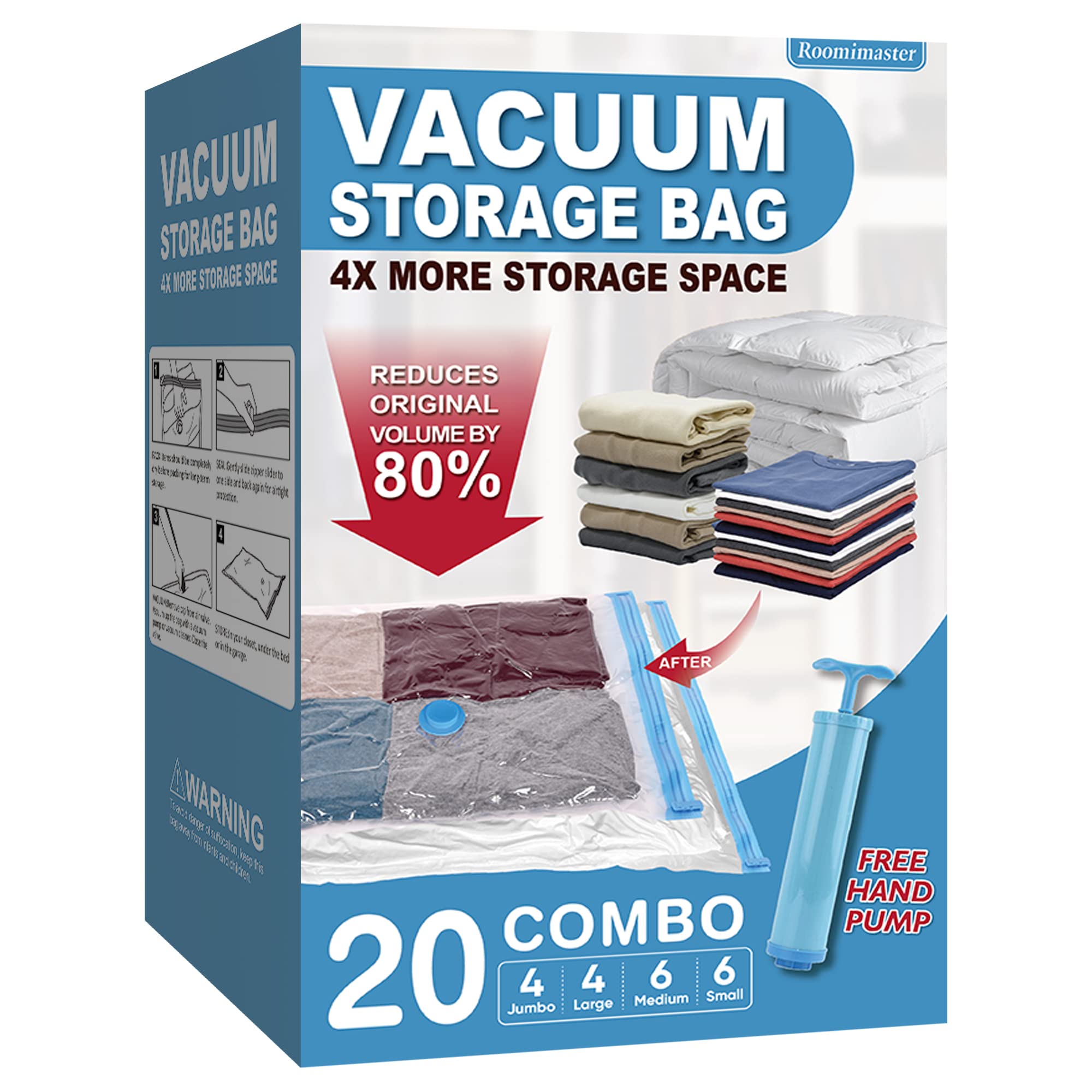 20 Combo Vacuum Storage Bags (4 Jumbo/4 Large/6 Medium/6 Small), Space Saver Bags Vacuum Seal Bags With Pump, Space Bags, Vacuum