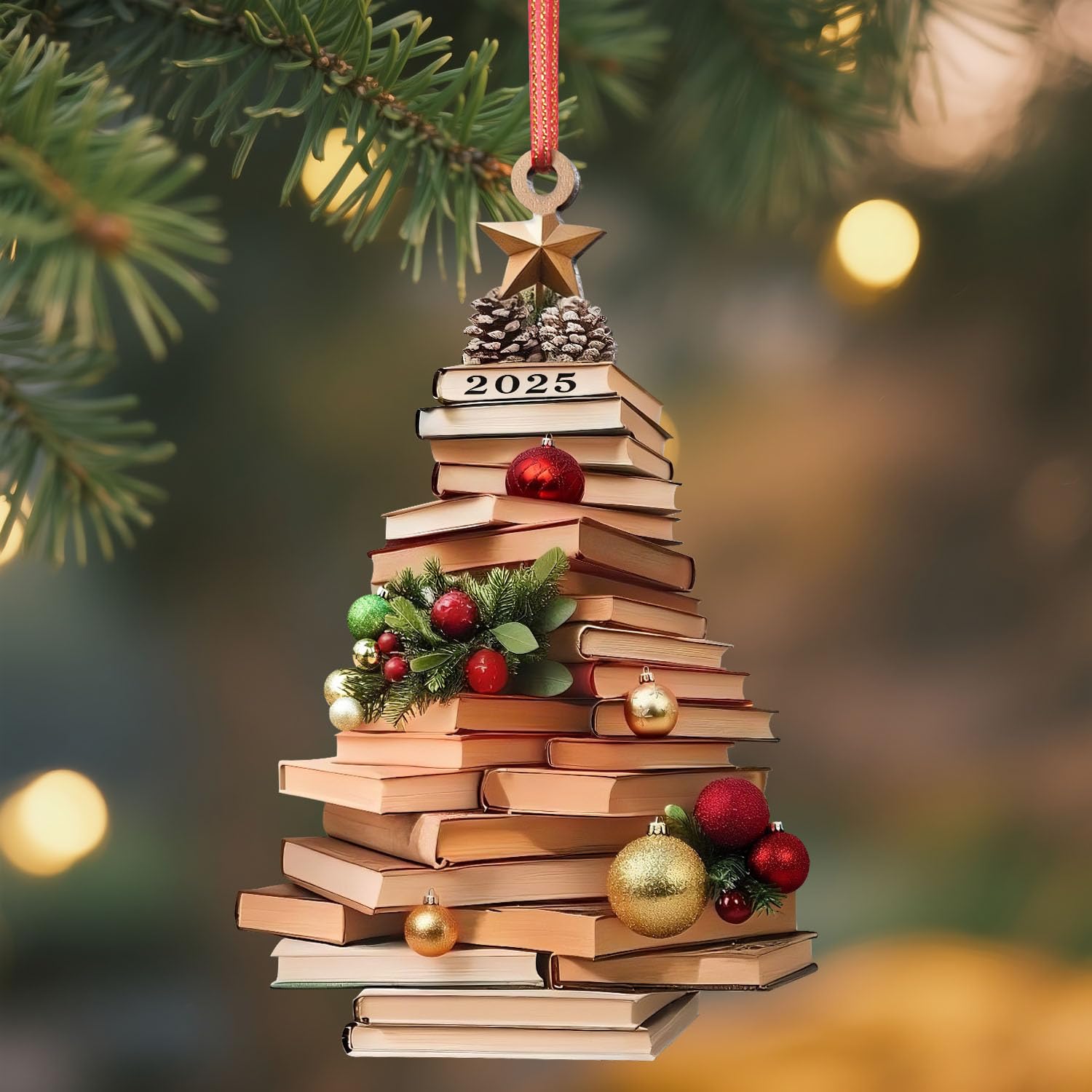 Book Ornament 2025, Book Lovers Gifts for Women Men, Bookish Gifts for Librarian Reader, Wooden Christmas Ornaments for Tree Dec