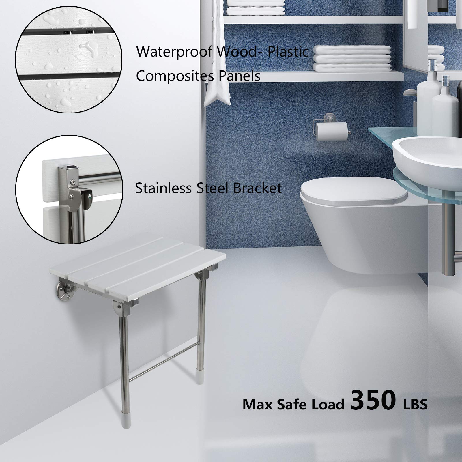 Jcwangdefu Folding Shower Seat Wall Mounted Bathroom Bathtub Safety Stool Chair, Solid Wood, With Support Legs, Load Of 350 Lbs,