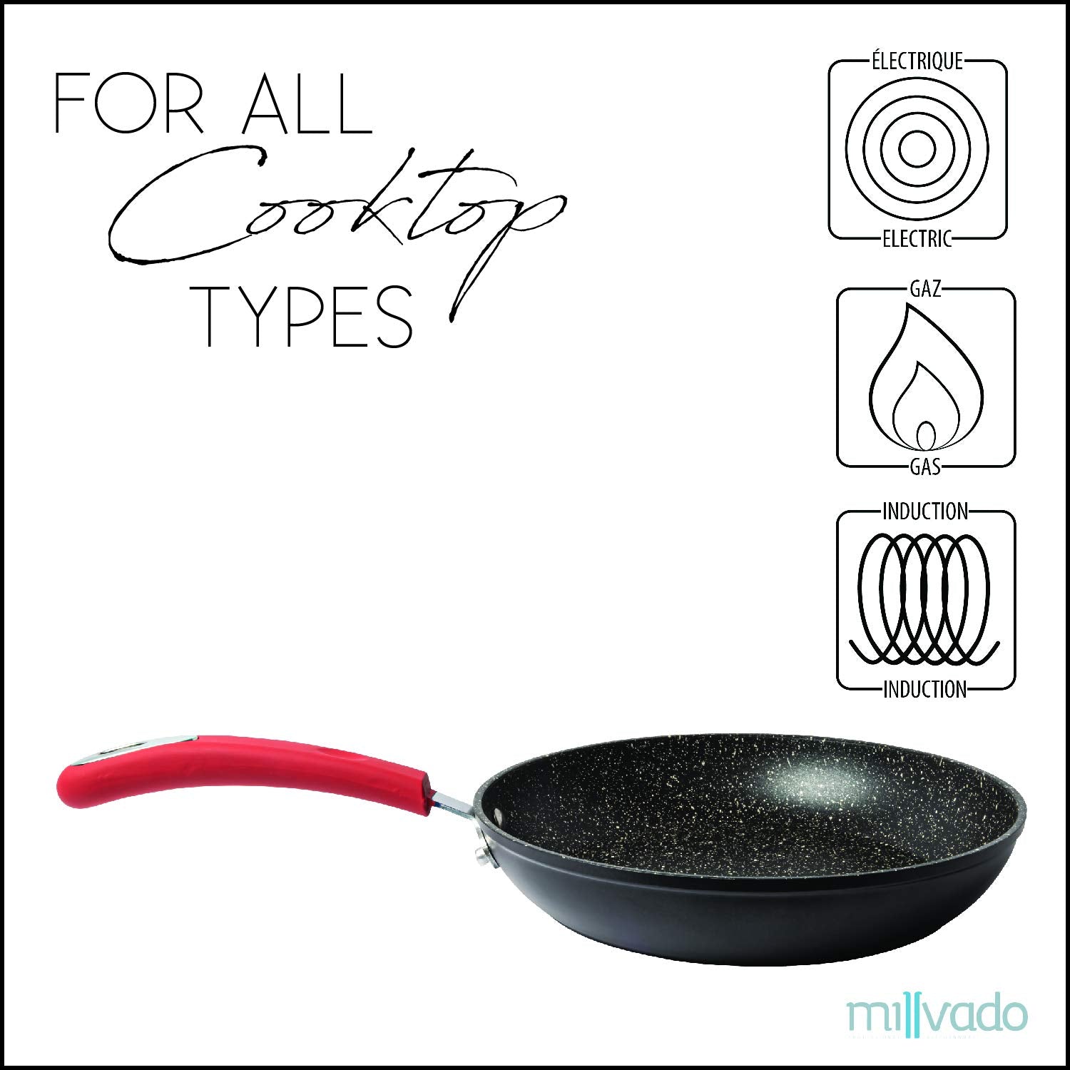 Millvado 11'' Nonstick Frying Pan: Large Skillet With Heavy Duty Non Stick Coating - Red Silicone Handle - Induction Compatible