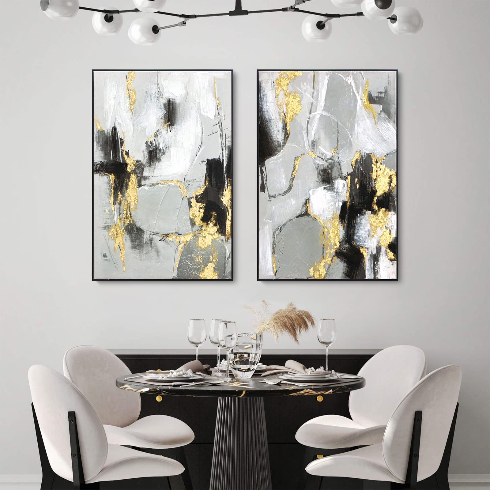 Zessonic Black Abstract Wall Art Decor - 2 Pack 24'' X 36'' Black And Gold Canvas Wall Decor With Hand Texture For Living Room,