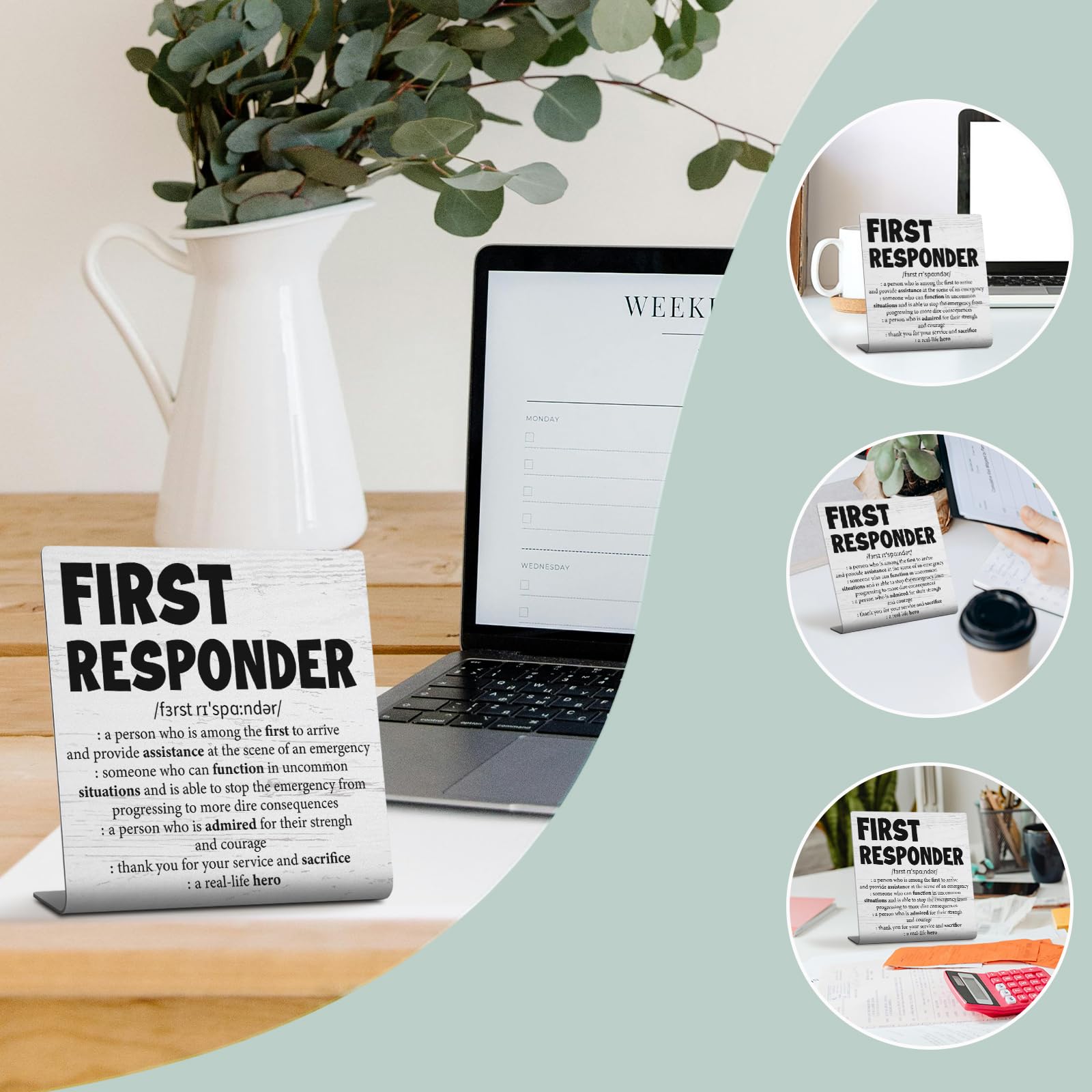 First Responder Definition Desk Decorative Sign, Thin Line Flag Tribute Gift for EMS Police Fire Dispatch Military Hero Graduati