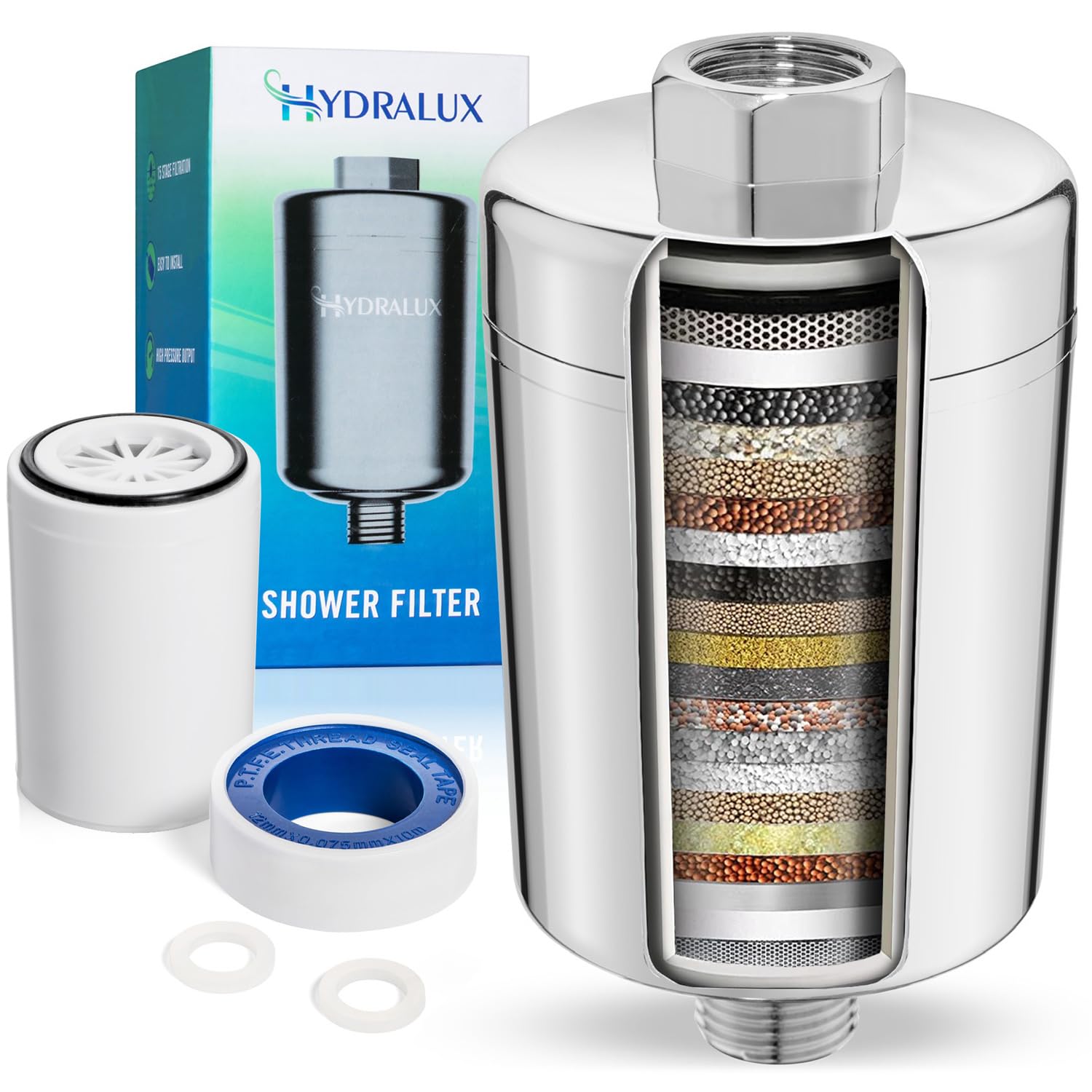 Hydralux Premium High-Output Shower Filter - Heavy Duty Filter For Shower With Hydralux H1 Filtration Technology - Soothes Dry &