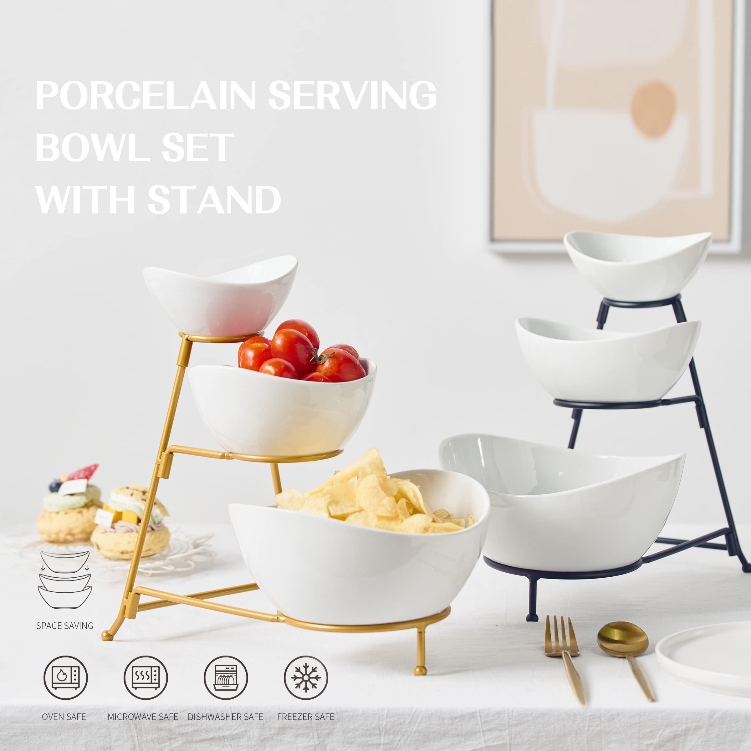 Gomakren 3 Tiered Oval Serving Bowl With Collapsible Metal Rack, Thanksgiving Bowls Dishes, Dessert Appetizer, Candy Chip Dip, F