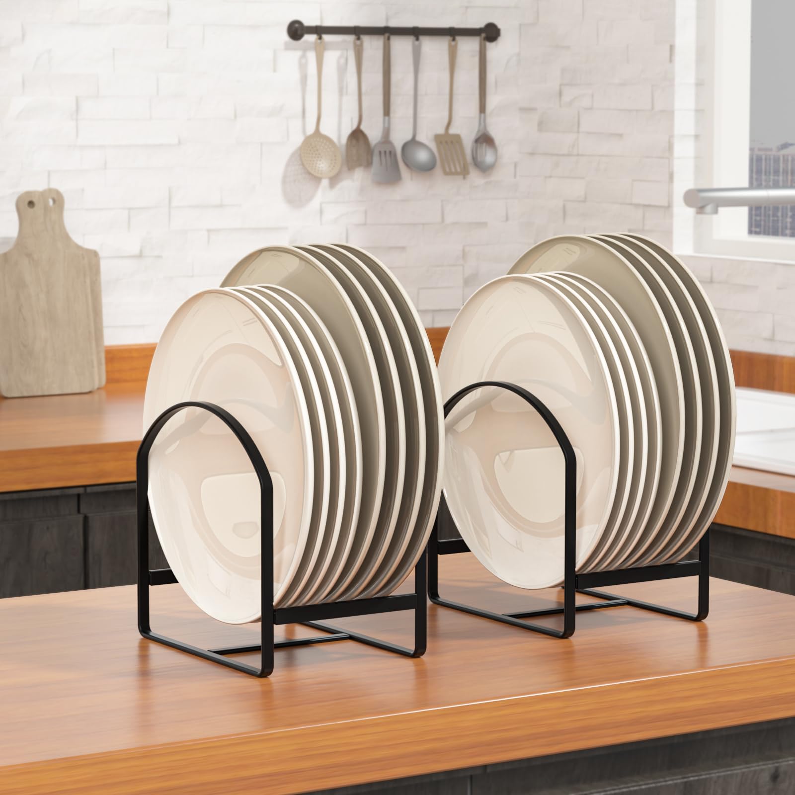 Linfidite 2 Pack Plate Holder Organizer Large Dish Storage Rack Upright Cabinet Dish Drying Racks Metal Dish Racks Stand For Cup