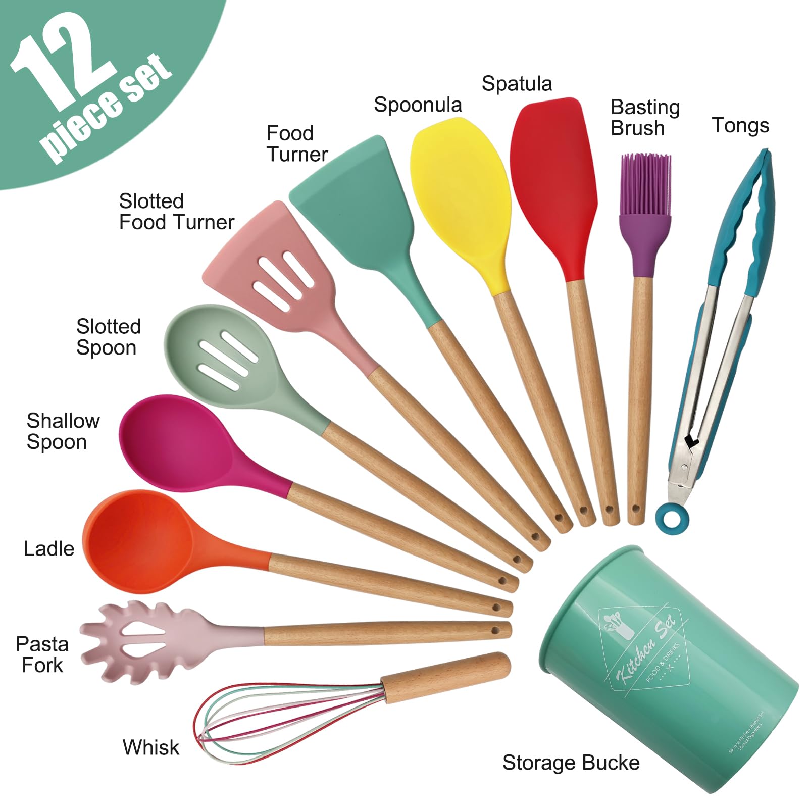 Kitchen Utensils Set Of 12, Silicone Cooking Utensils With Non-Slip Wooden Handle And Organizer Bucket, 446F Heat Resistant Cook
