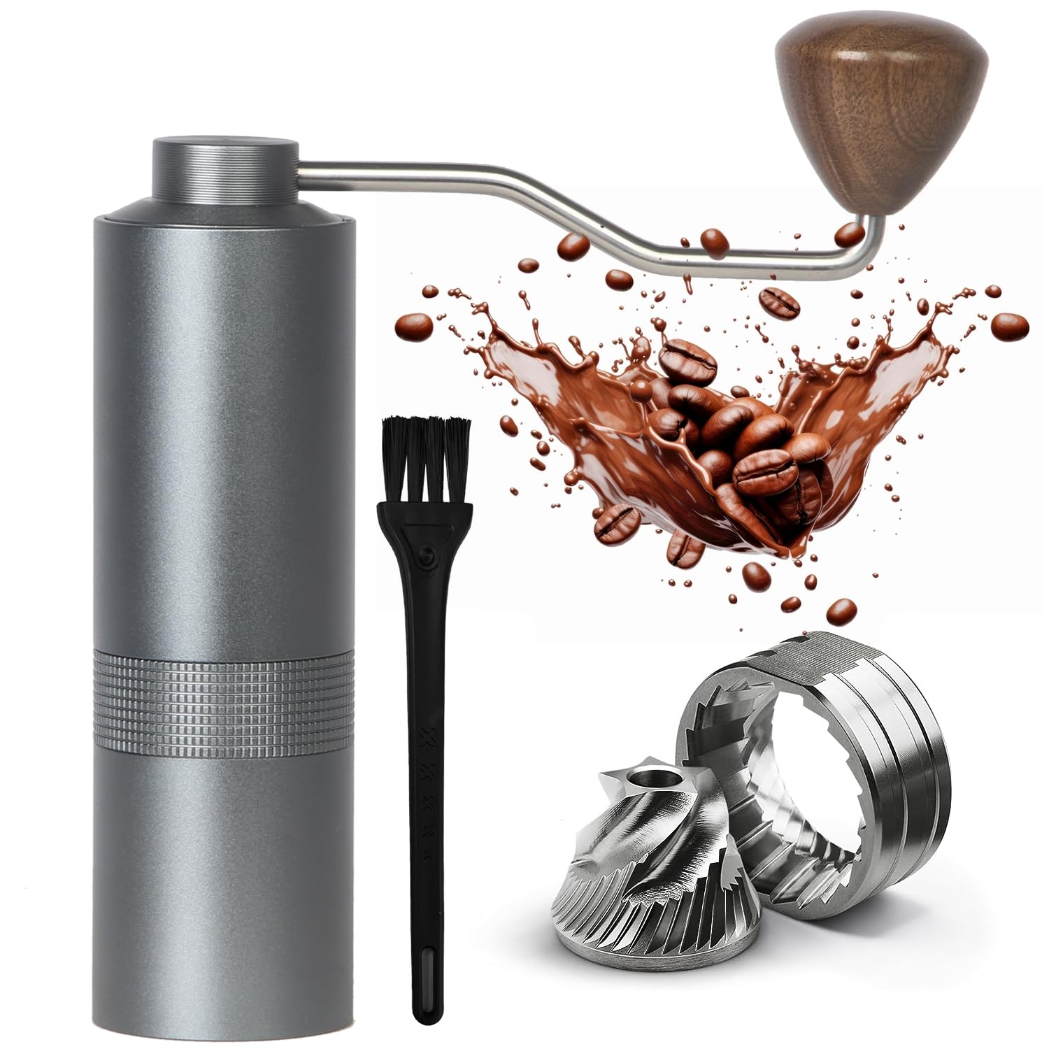 Manual Coffee Grinder - Precision Cnc Stainless Steel Burr Grinder With Adjustable Settings, Grey Blue, Double Bearings For Smoo