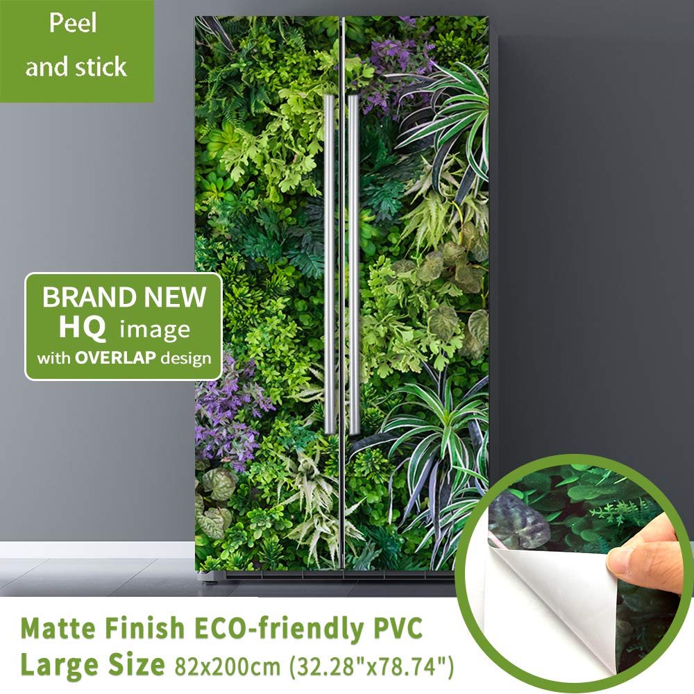 Nature Art Self Stick Vinyl Door Mural Sticker, Peel And Stick Removable Refrigerator Wrap Decal, Green Leaves, 32.3X78.7, 2 Pcs