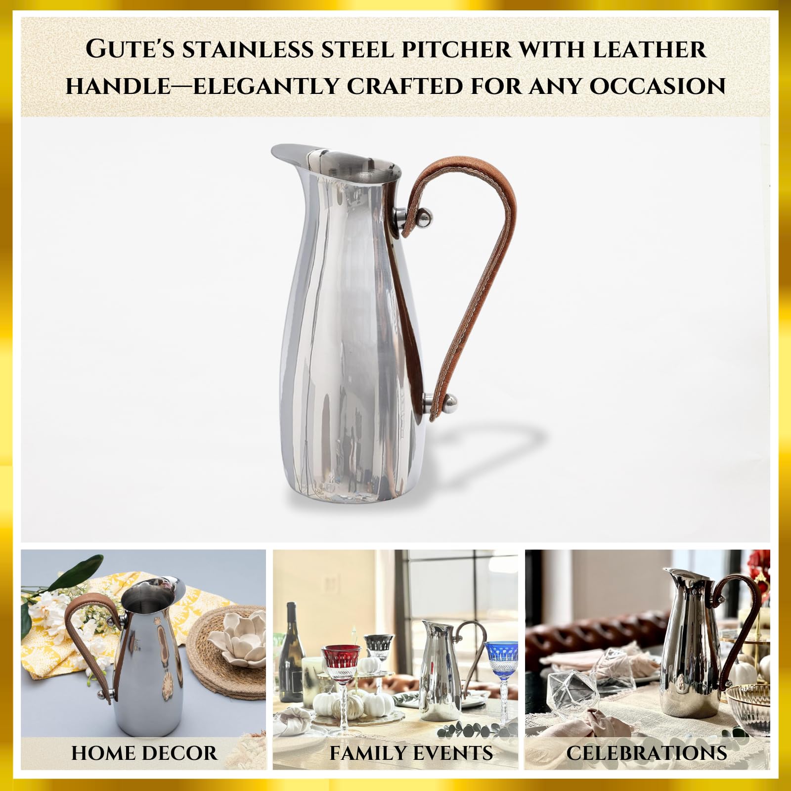 Silver Stainless Steel Water Pitcher, Leather Handle