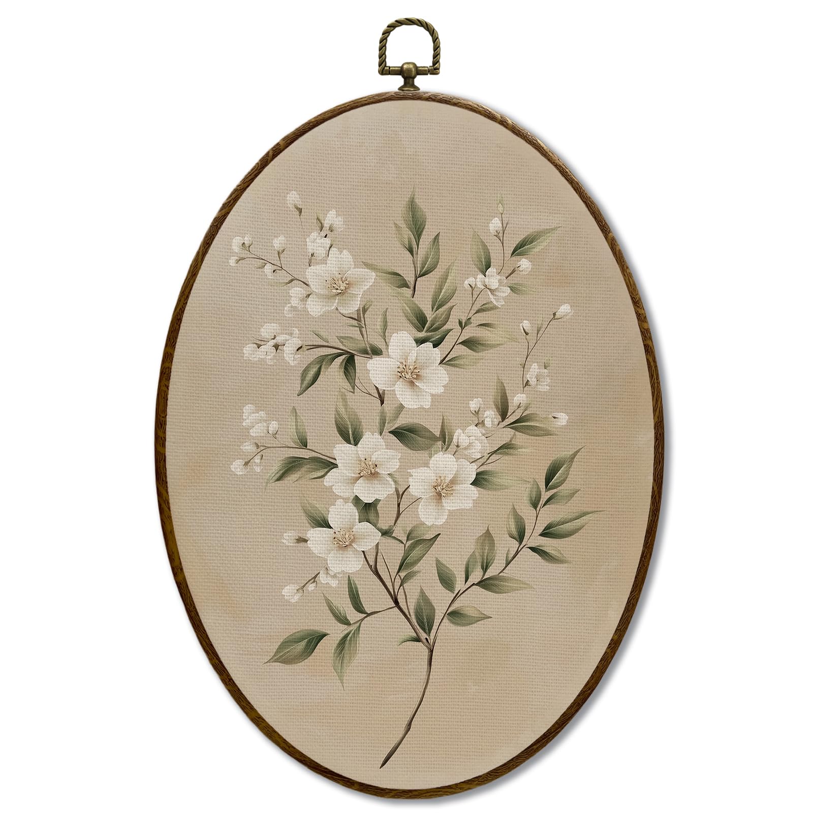 Jqf Vintage Jasmine Floral Oval Wall Art, Rustic Cottagecore Botanical Floral Oval Canvas Wall Art, Retro Neutral Flower Framed 