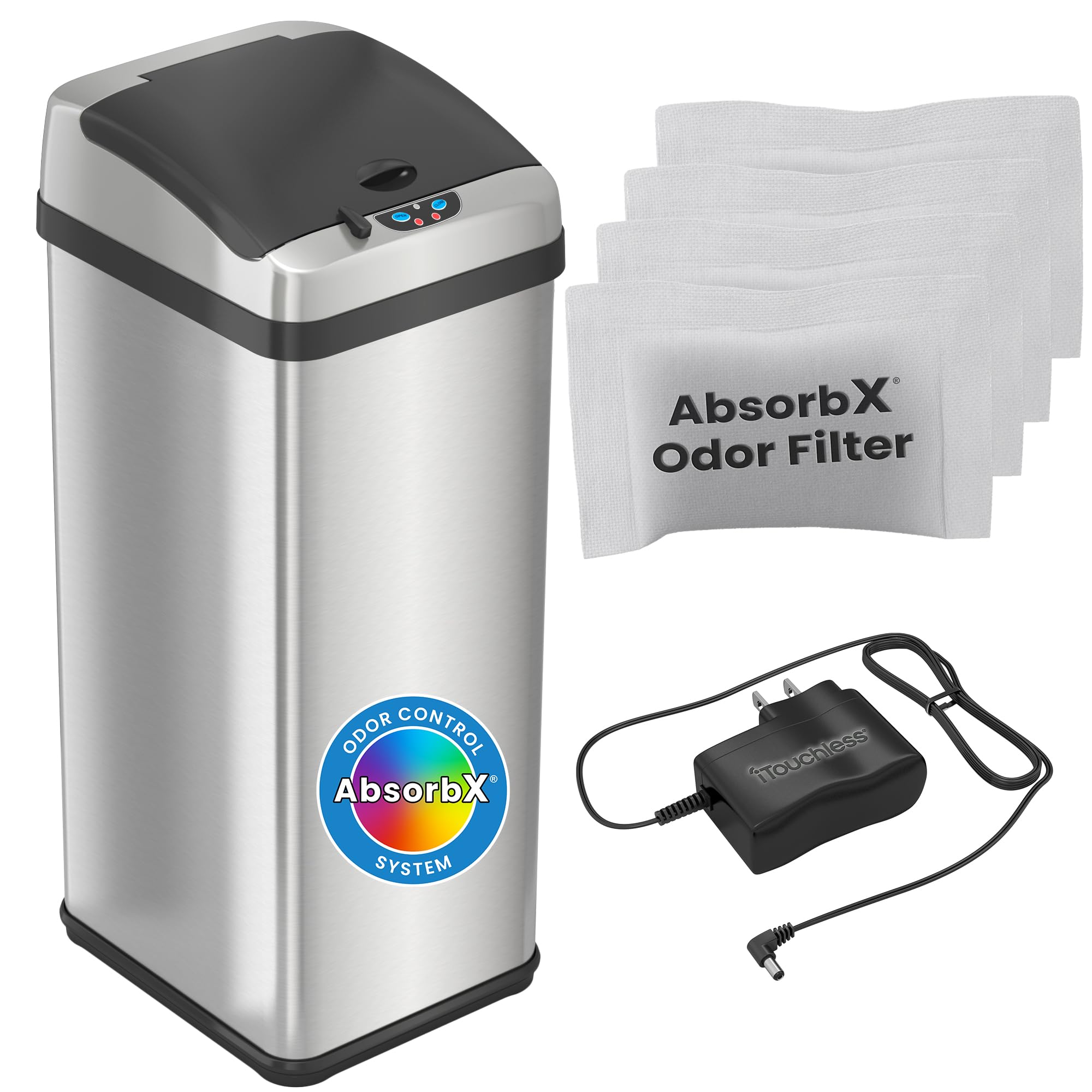 Itouchless Touchless Trash Can With Ac Adapter, 4 Odor Filters Big Lid Opening Sensor Kitchen Garbage Bin, 13 Gallon, Stainless