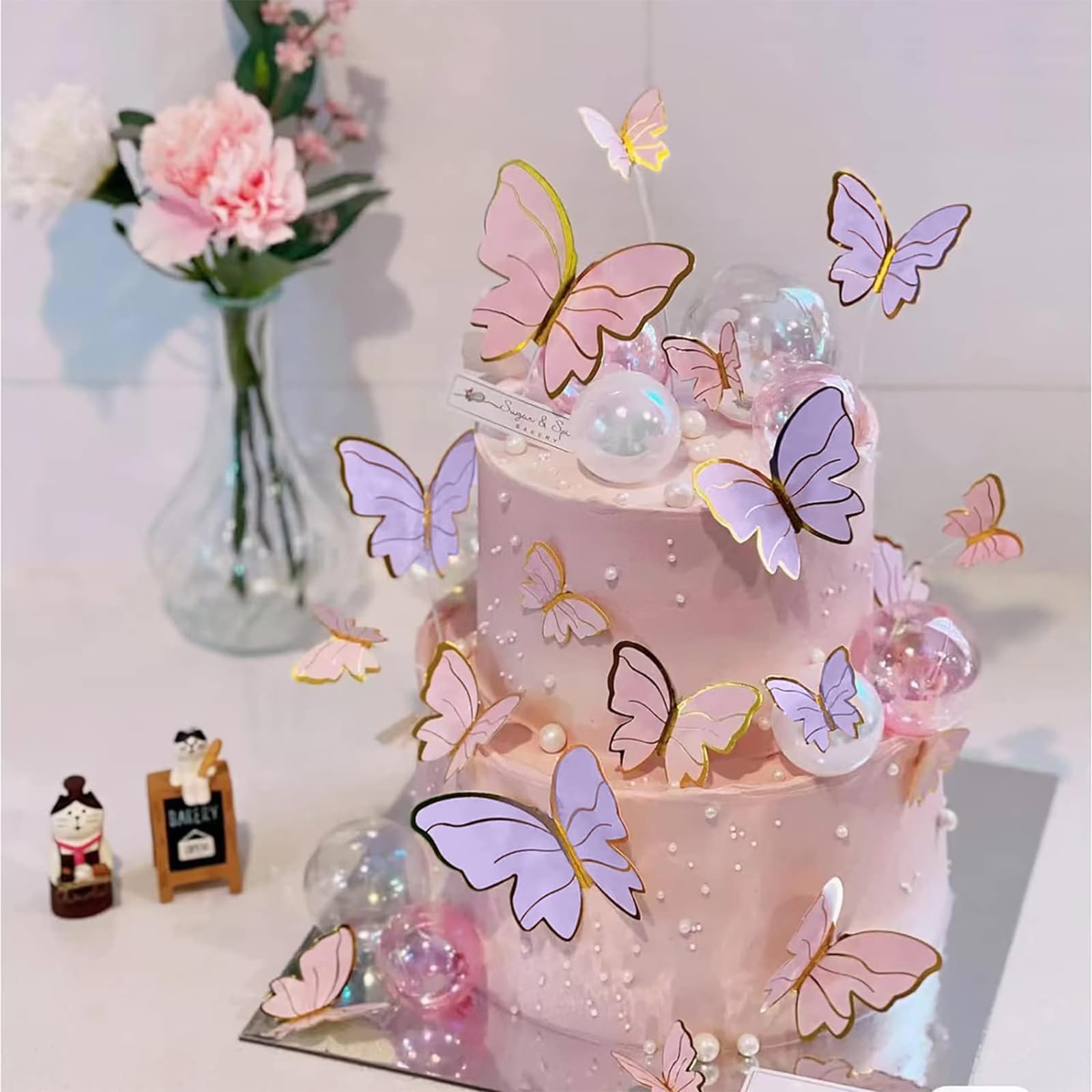 60Pcs Pink Purple Gold Butterfly Cake Toppers, 3D Cupcake Toppers Happy Birthday Metal Gold Topper For Girls Women'S Party Decor