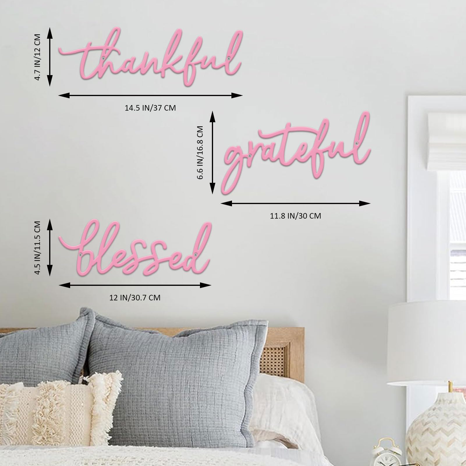 ESTART Thankful Grateful Blessed Letter Sign Metal Wall Decor, 3 Pieces Pink Letters Wall Art for Bathroom Bedroom Metal Words W