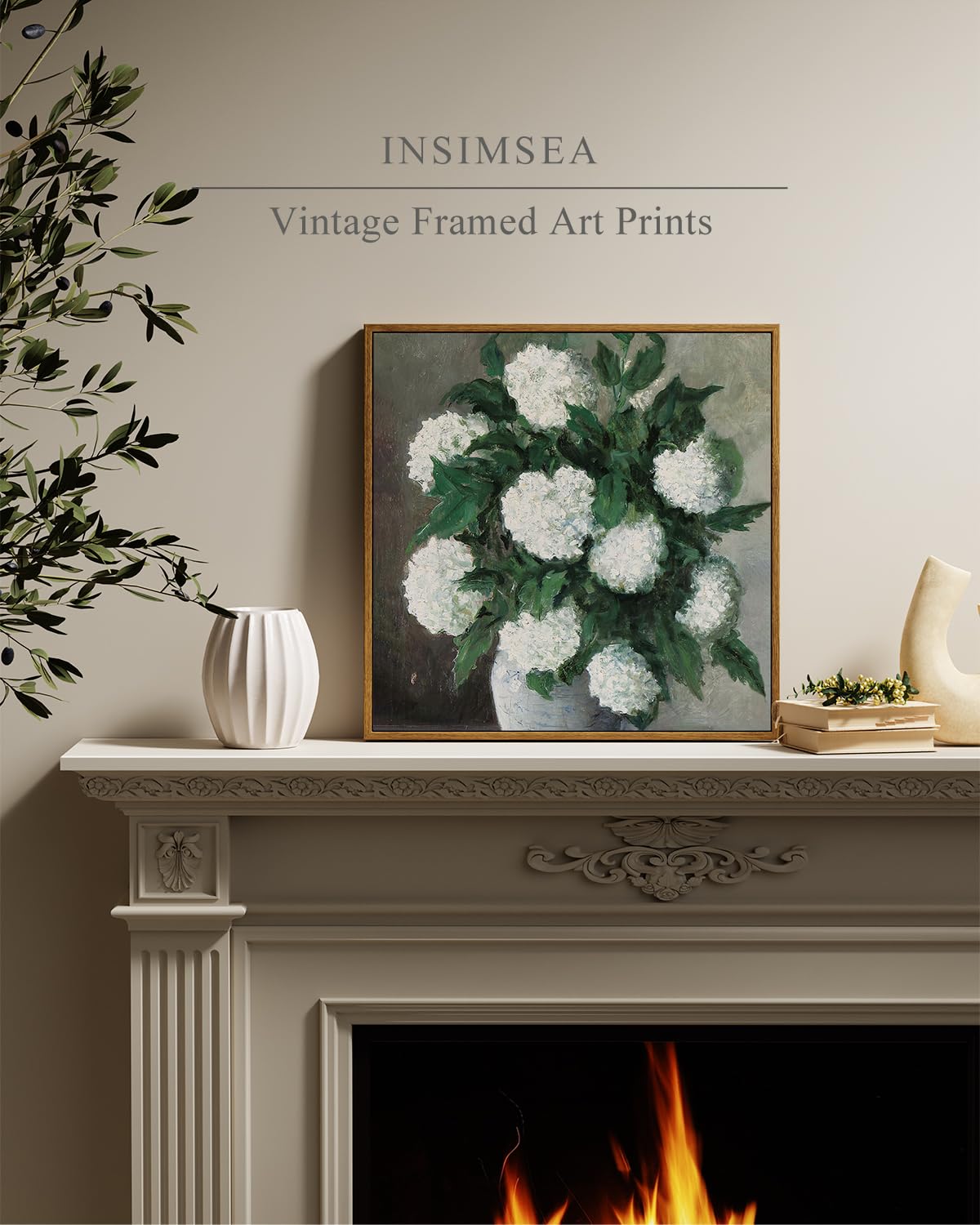 Insimsea Square Framed Canvas Wall Art, Flower Large Home Decor White Hydrangea Paintings Canvas Prints, Botanical Art Prints Fl