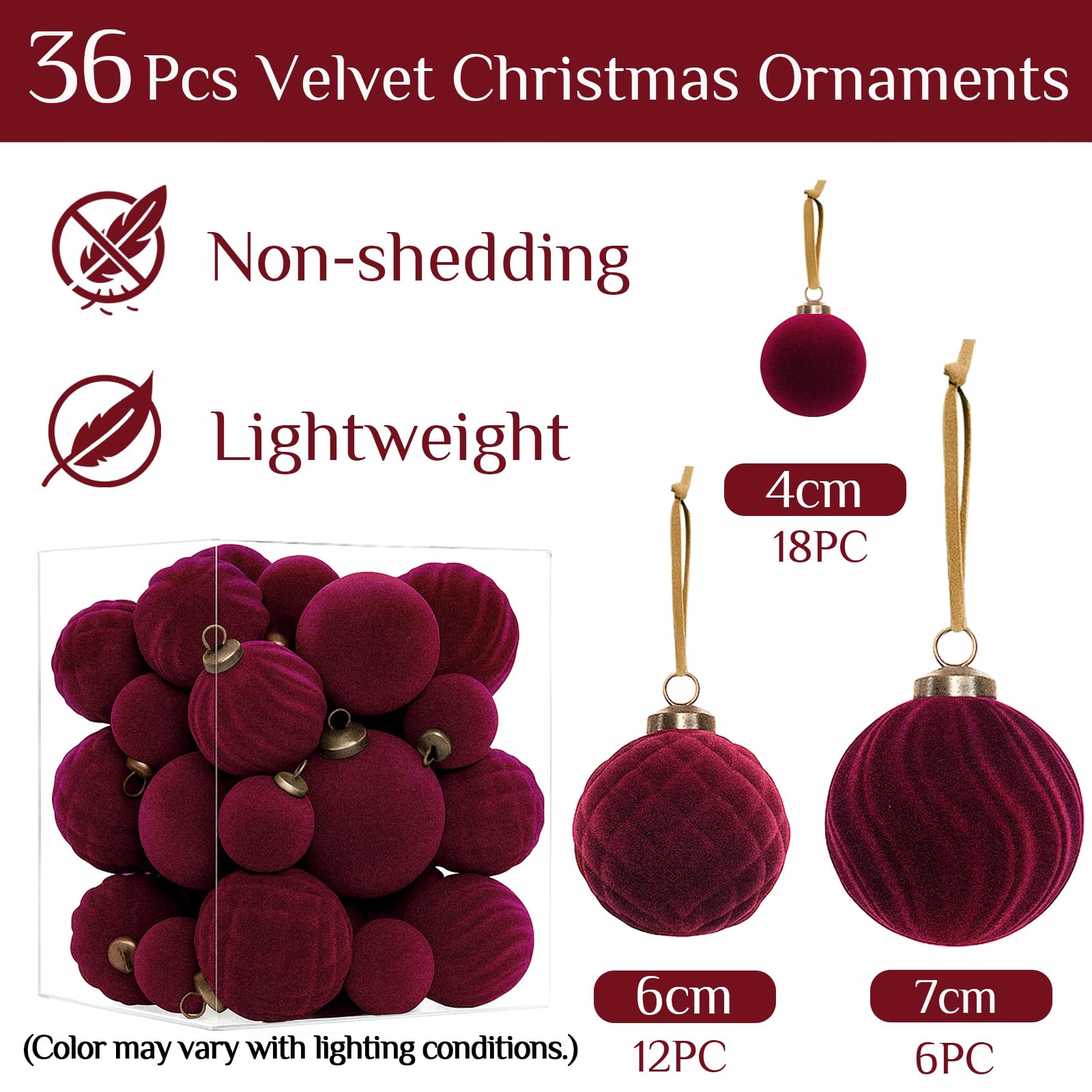 XmasExp 36PCS Velvet Christmas Ornaments Set Mixed Flocked Balls Ornaments Shatterproof Christmas Tree Decorations for Holiday,P