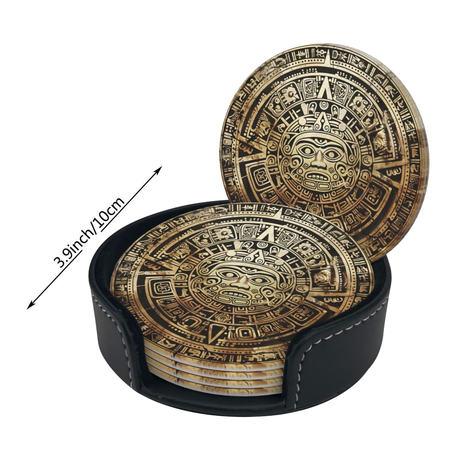 Aztec Calendar Mayan Coasters For Drinks With Holder, Leather Coasters Set Of 6, Round Cups Mugs Mat Pad For Home Kitchen