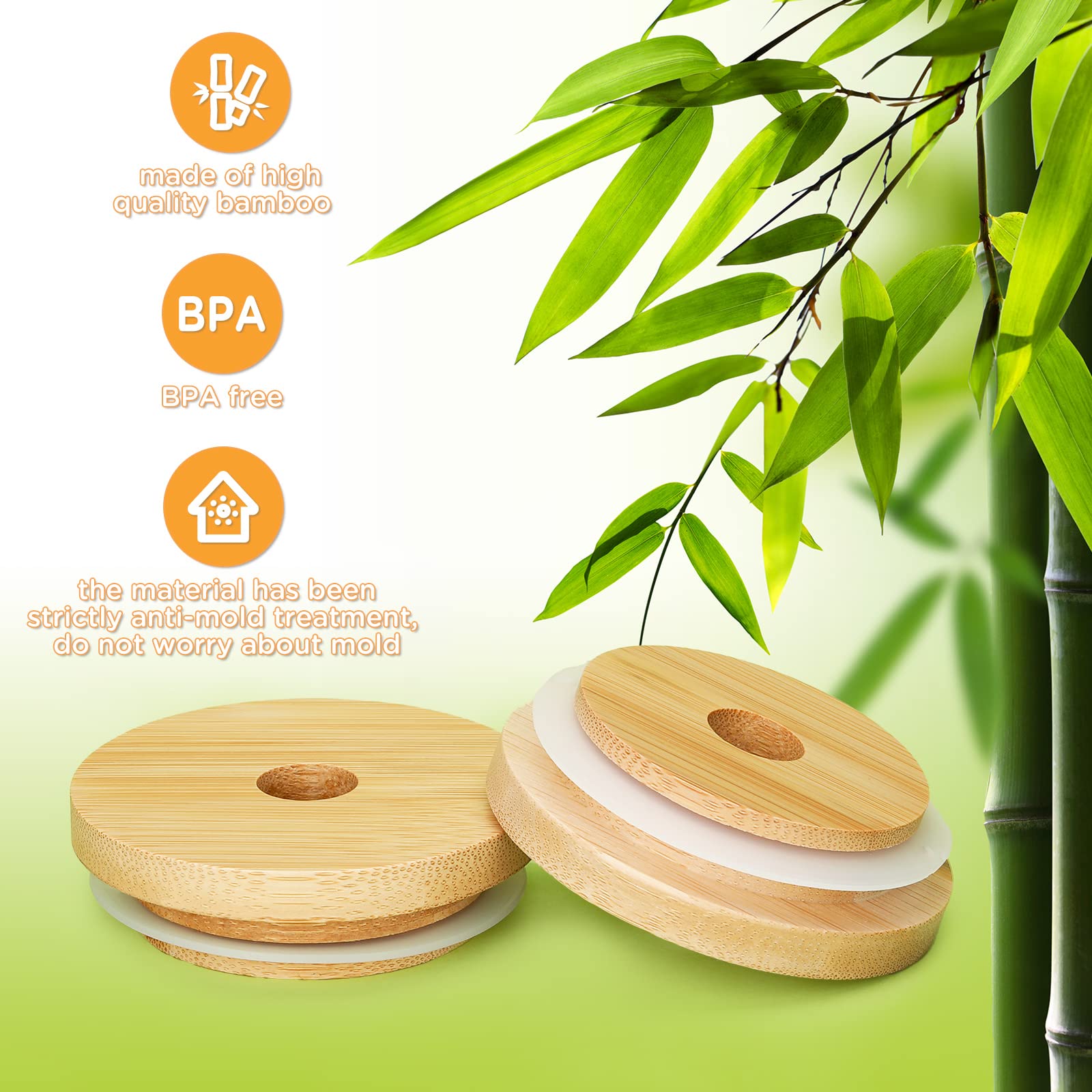 8 Pack 86mm Wide Mouth Bamboo Mason Jar Lids with Straw Hole  SBMKK Bamboo Caps Glass Drinking Jars Lid