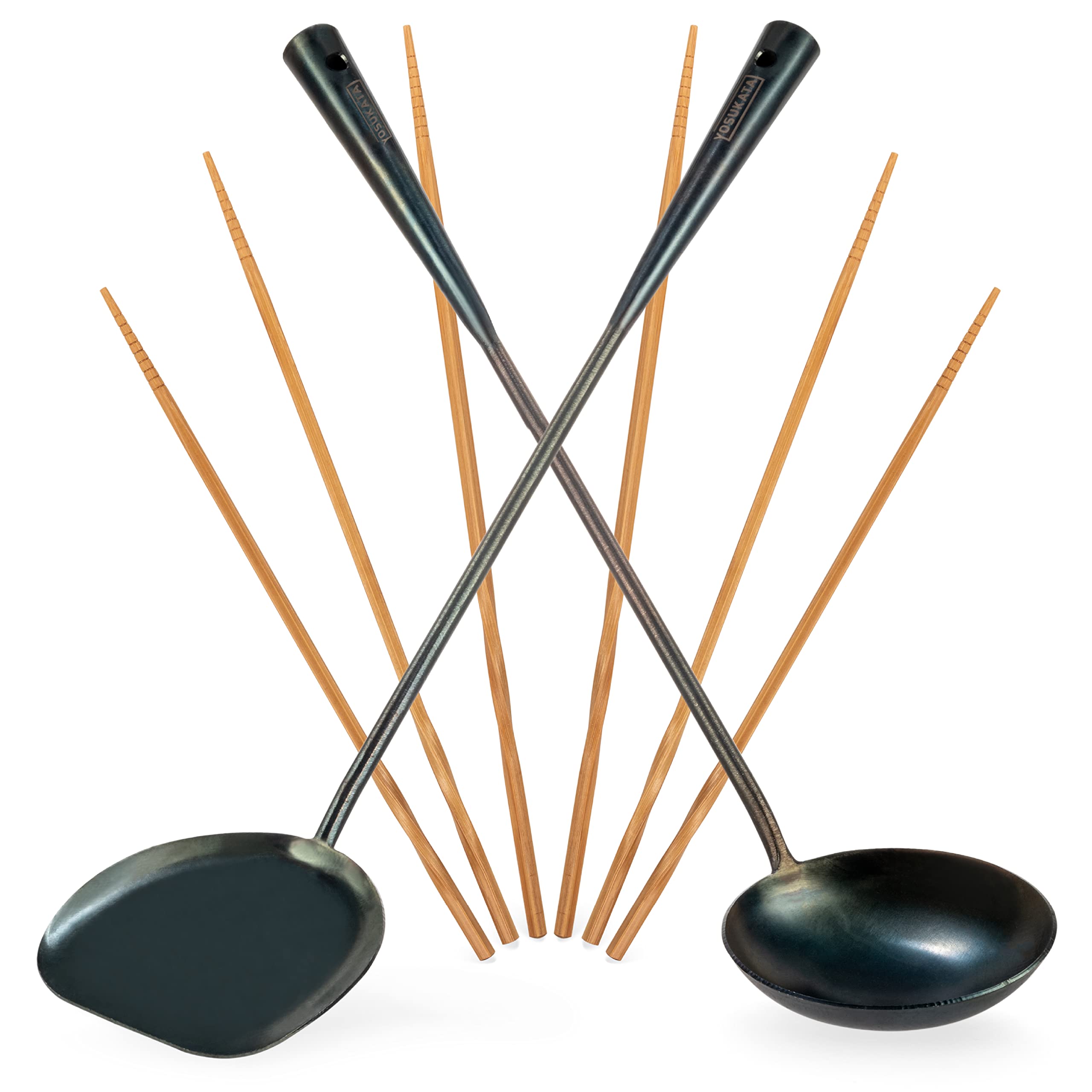 Yosukata Pre-Seasoned Wok Utensils Set - Blue Carbon Steel 17-Inch Wok Spatula, Wok Ladle, 3 Pairs Of Chopsticks - Durable Wok A