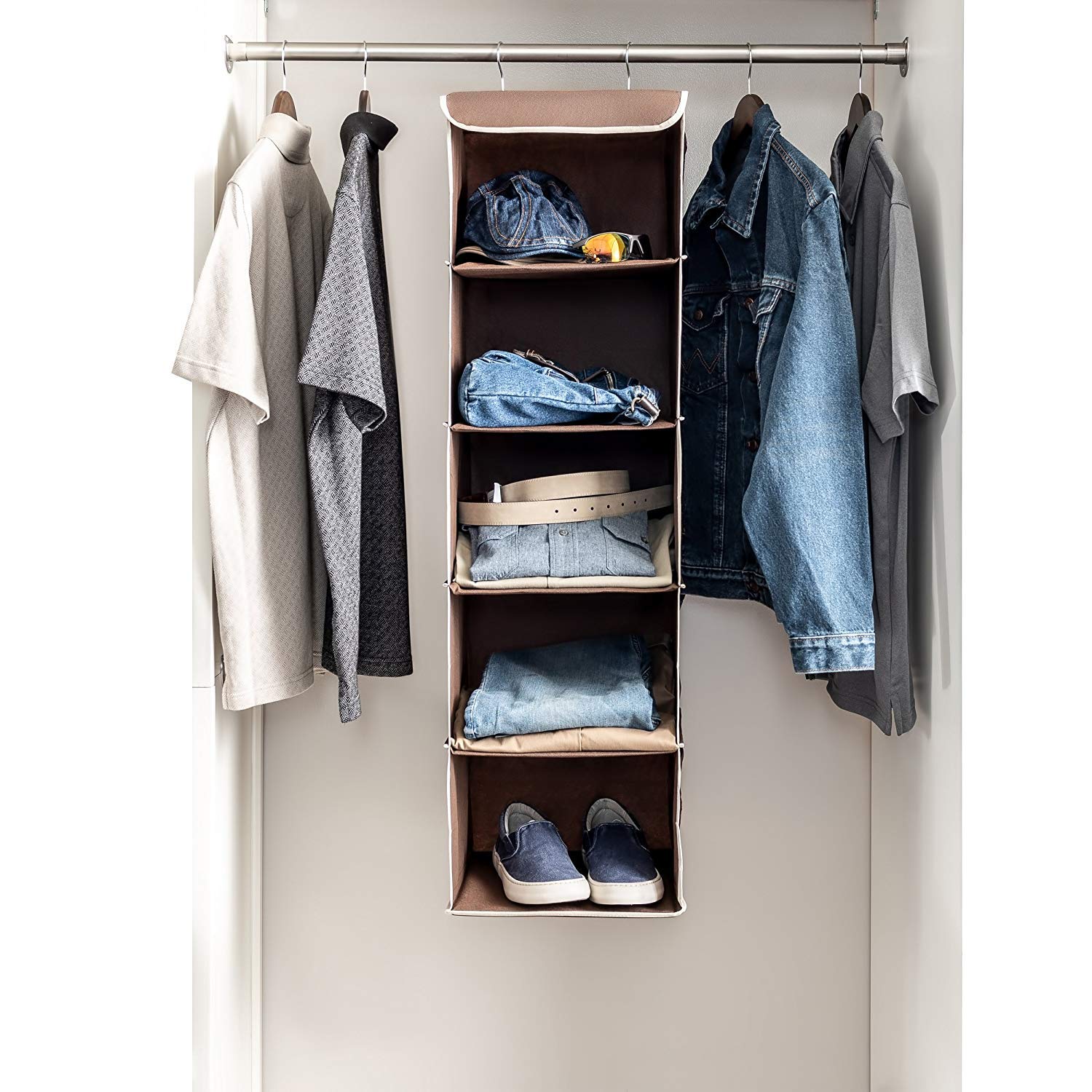 Zober Hanging Closet Organizer, 5-Shelf - Hanging Storage Organizer Shelves For Clothes, Towels, Toys - College Dorm Room, Nurse