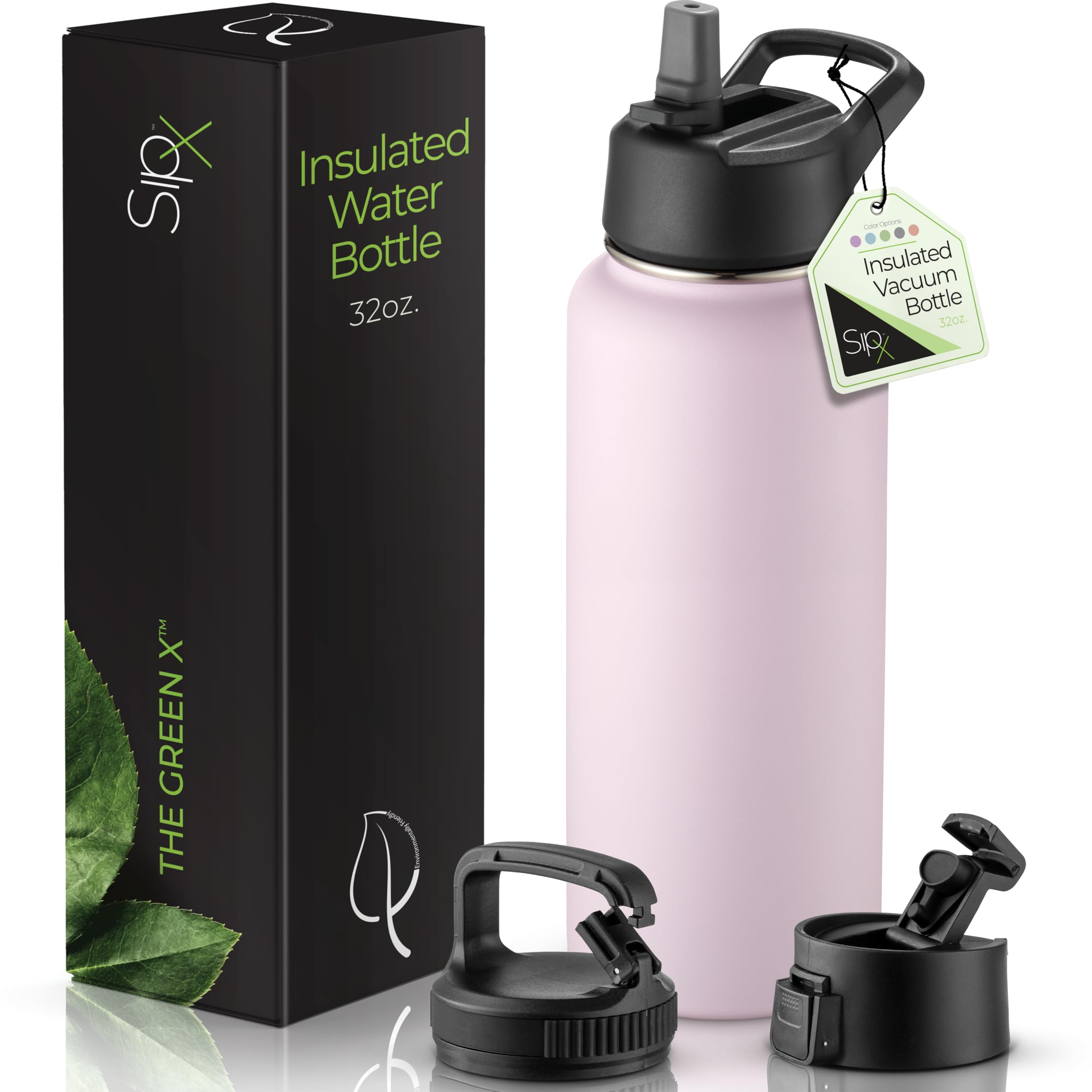 SipX Triple-Insulated Stainless Steel Water Bottle 32oz. With 3 Lids, BPA-Free Reusable Insulated Water Bottle Keeps Cold 24 Hou