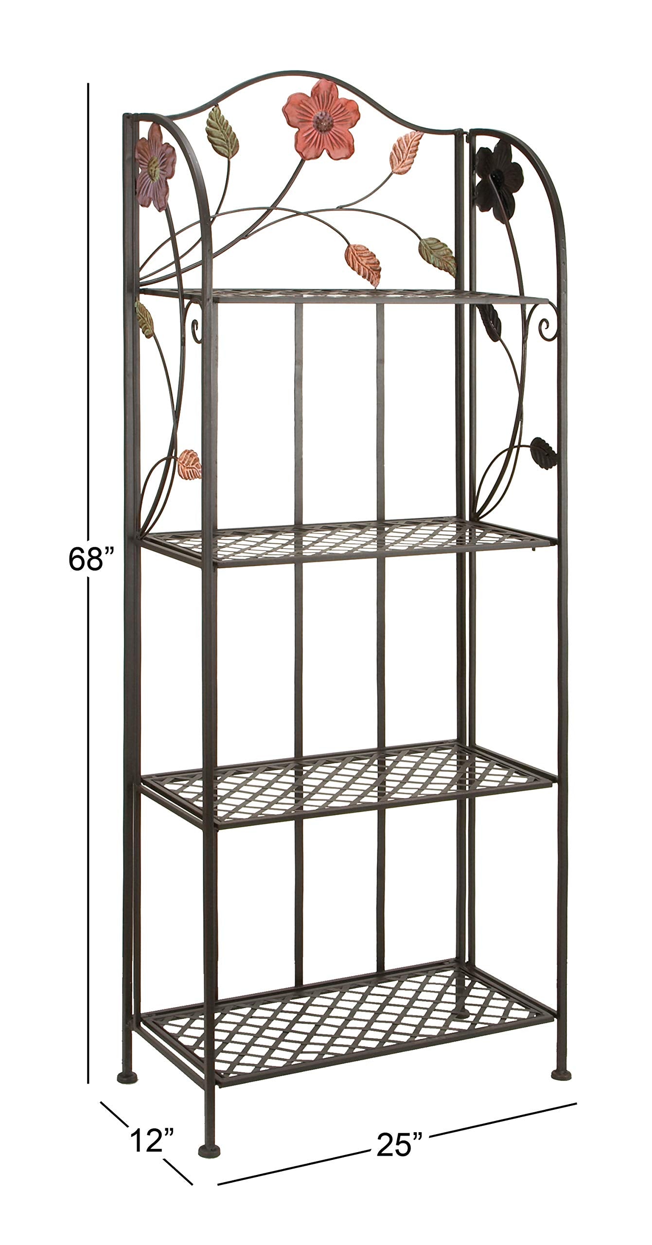 Deco 79 Metal Floral Indoor Outdoor Tall Folding 4 Shelf Bakers Rack, 25'' X 12'' X 68'', Black