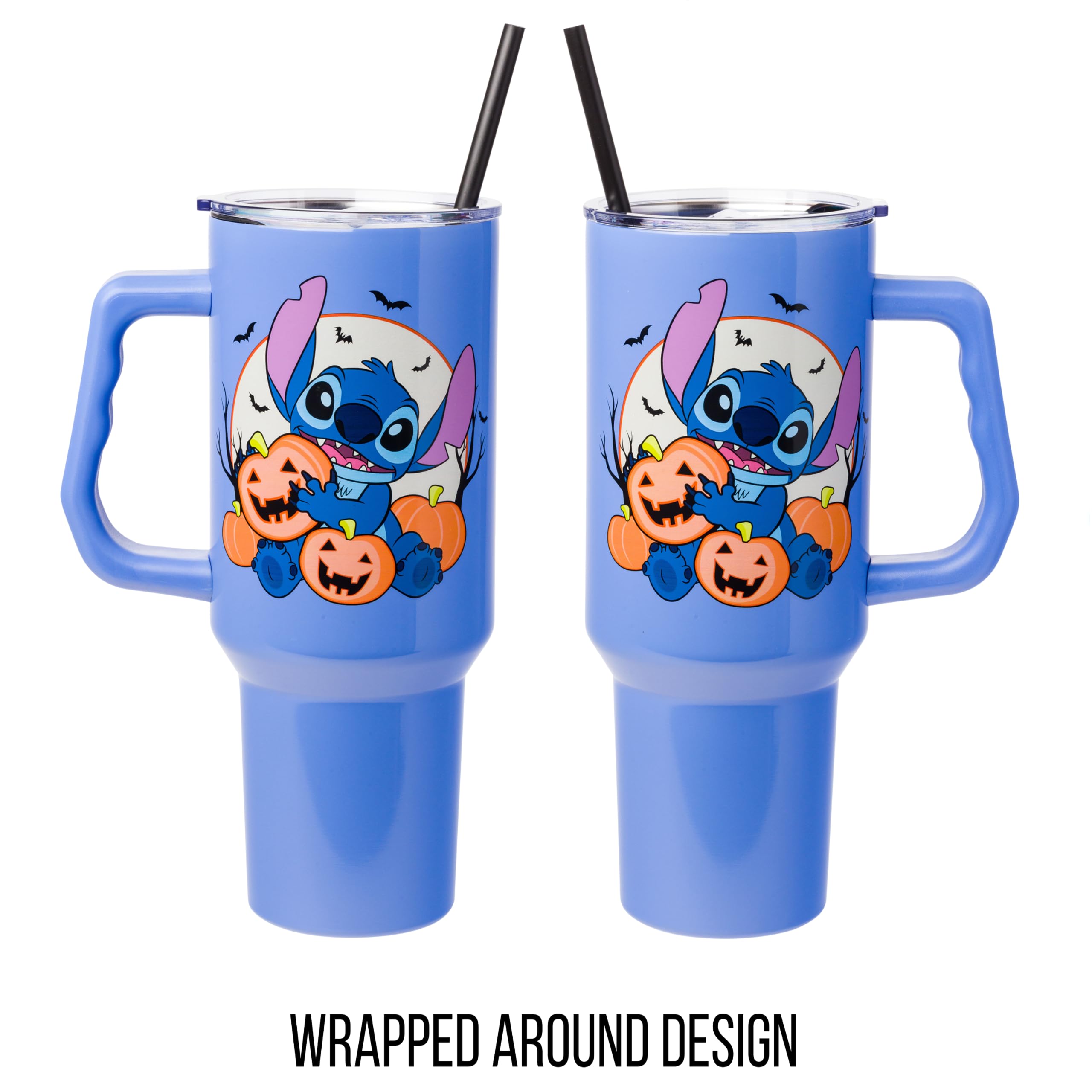 Silver Buffalo Disney Lilo And Stitch Halloween Spooky Pumpkin Jack-O-Lantern Stainless Steel Tumbler With Handle And Straw, Fit