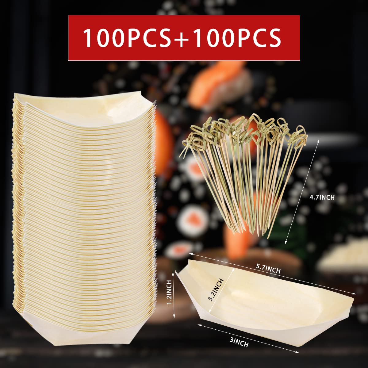 Wathfkcu 5.7 Inch Disposable Bamboo Wooden Sushi Boat Plate Bamboo Appetizer Plates Dishes Sushi Serving Tray Wooden Leaf Boat W