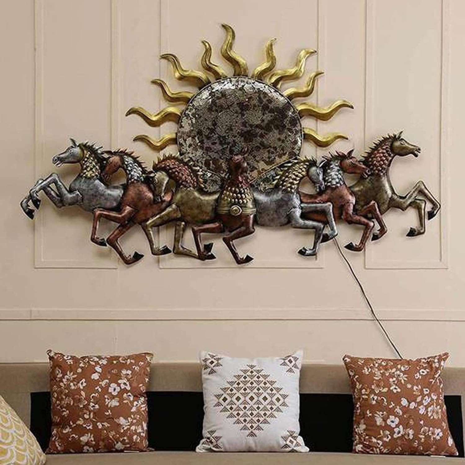 HANSART 48 Inches 7 Horses with Sun Metal Wall Art with Led Light, Wall Decor for Home or Office