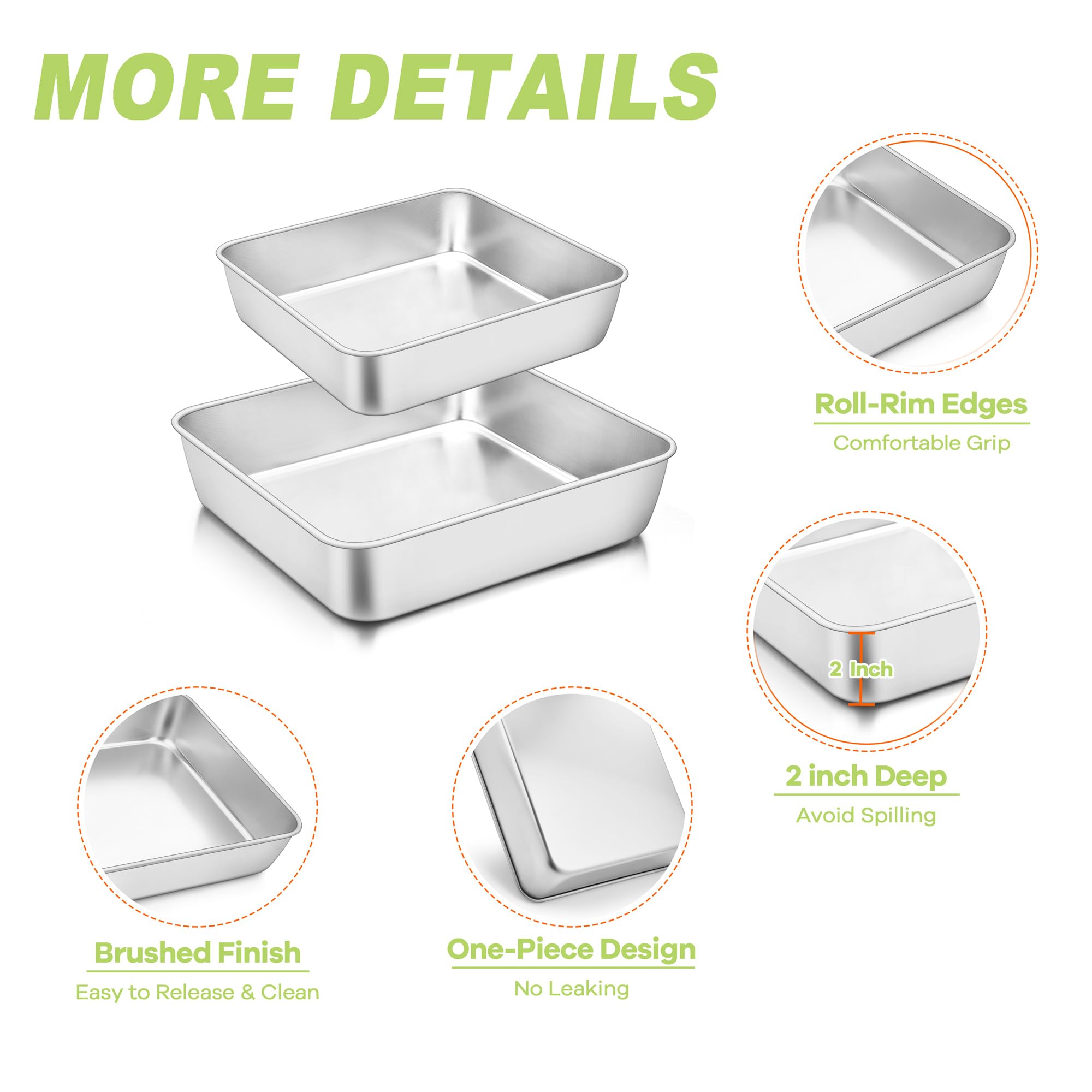 Teamfar Square Cake Pan, Stainless Steel 6 & 8 Inch Square Baking Pan For Brownie Lasagna, Non-Toxic & Heavy Duty, One Piece Des