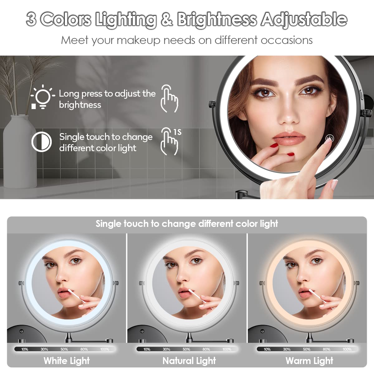 Rocollos Rechargeable Wall Mounted Lighted Makeup Mirror  8 Inch Double-Sided LED Vanity Mirror 1X/10X Magnification 3 Color Lights Touch Screen Dimmable 360Swivel 13 Inch Extendable