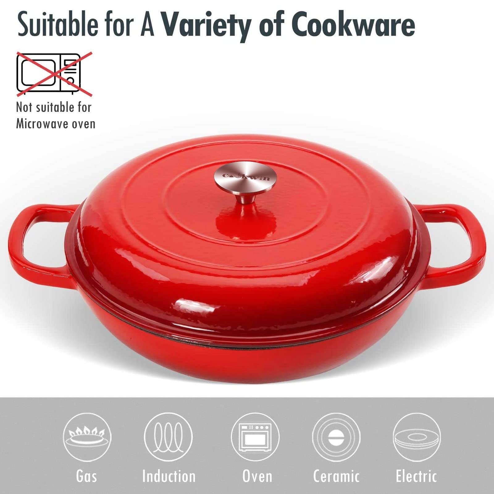 Cookwin Cast Iron Casserole Braiser,3.8 Quart Enameled Cast Iron Pan,Heavy Duty Casserole Skillet With Lid And Dual Handles,Porc