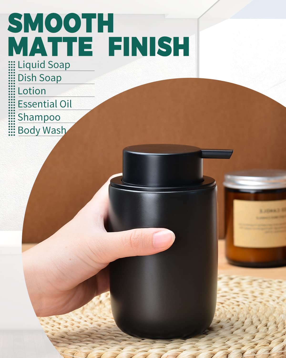 Bosilunlife Lotion Pump Dispenser - Matte Black Soap Dispenser Bathroom Ceramic Dish Liquid Soap Dispenser For Kitchen, Bathroom