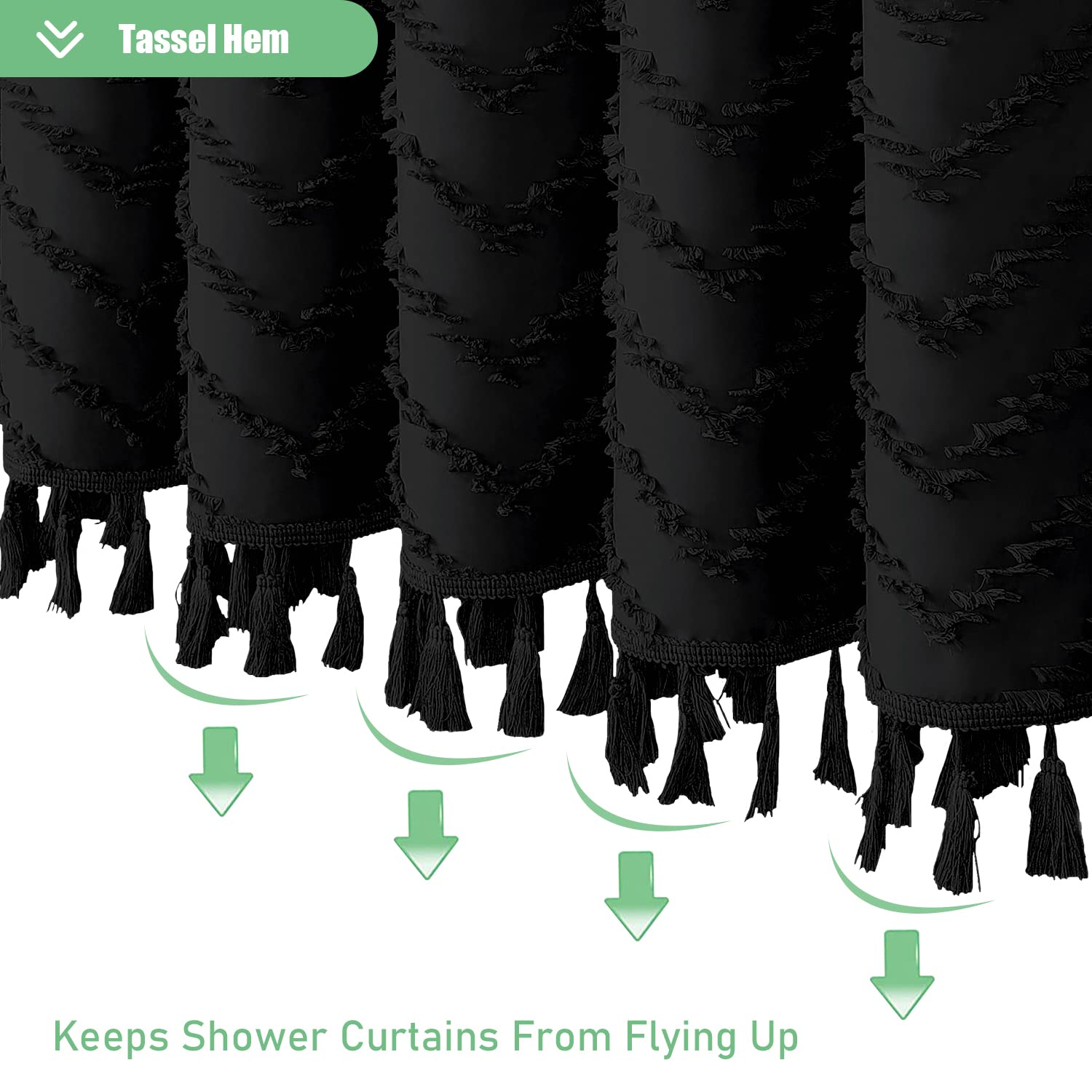 Dynamene Boho Farmhouse Shower Curtain, Black Fabric Tufted Chevron Striped Textured Tassel Shower Curtains For Bathroom, Water