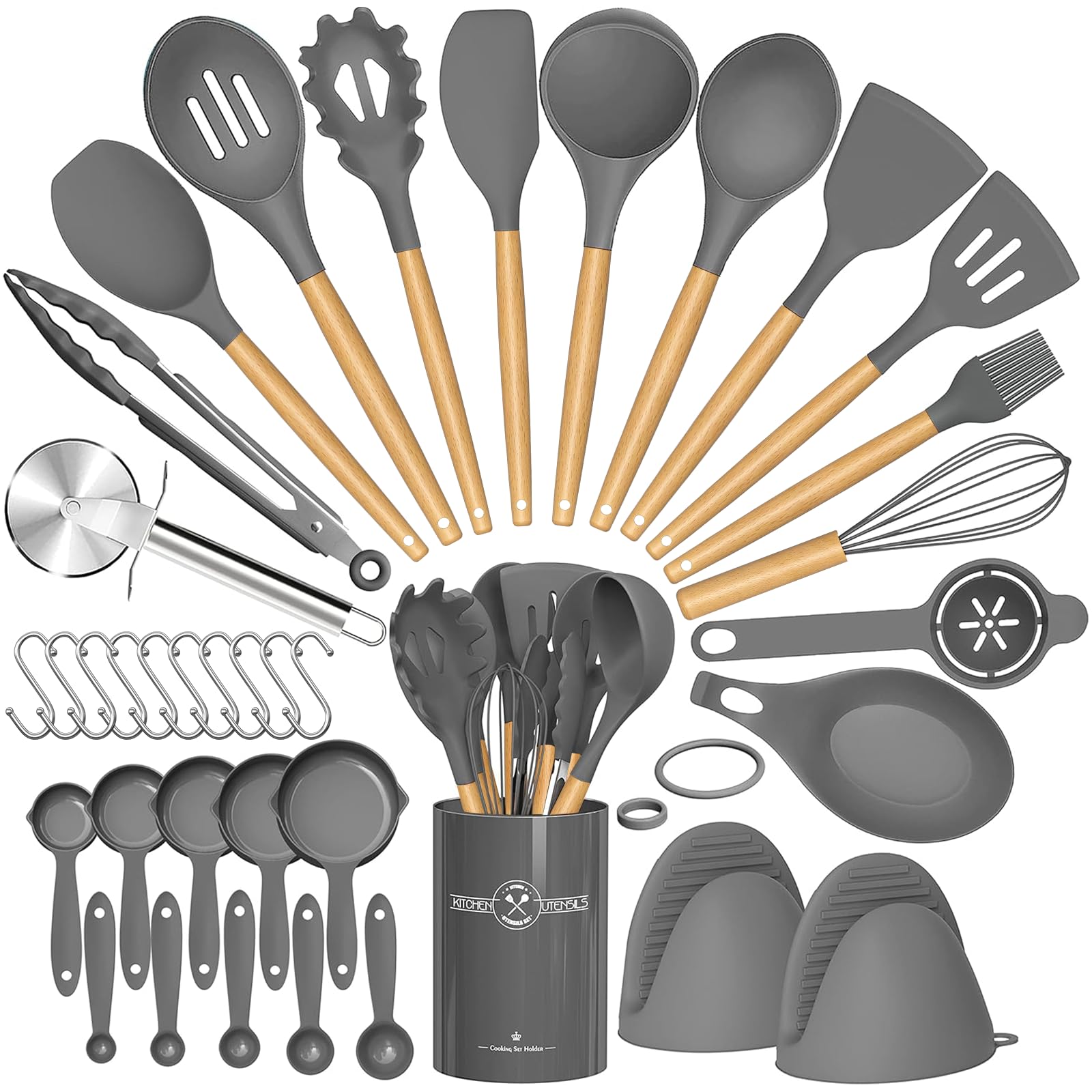 Umite Chef 36Pcs Silicone Kitchen Cooking Utensils With Holder, Heat Resistant Cooking Utensils Sets Wooden Handle, Nonstick Kit